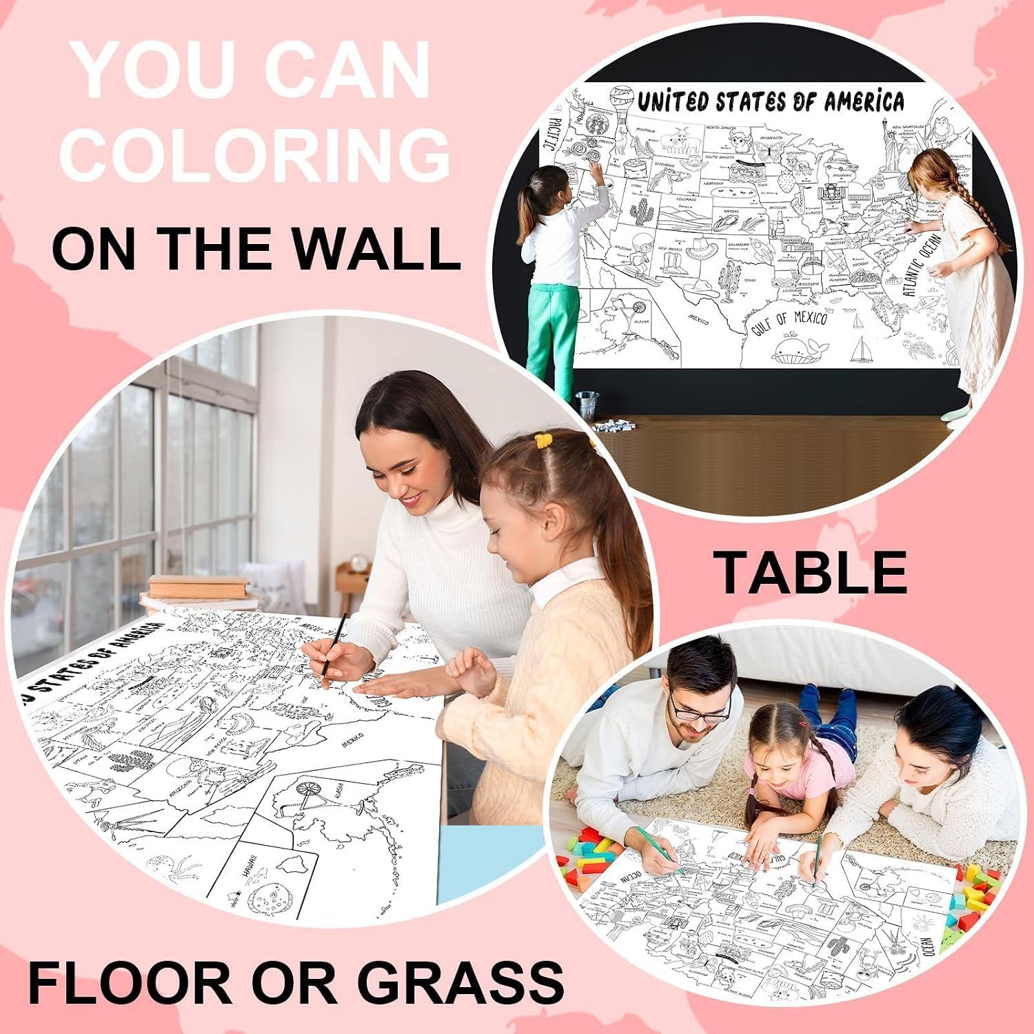 US Map Coloring Poster Washable Giant Coloring Poster for Kids 57" x 37.4" Large Coloring Tablecloth Fabric Huge Jumbo Coloring Poster The US Educational Learning Activity Arts Crafts Party Decoration