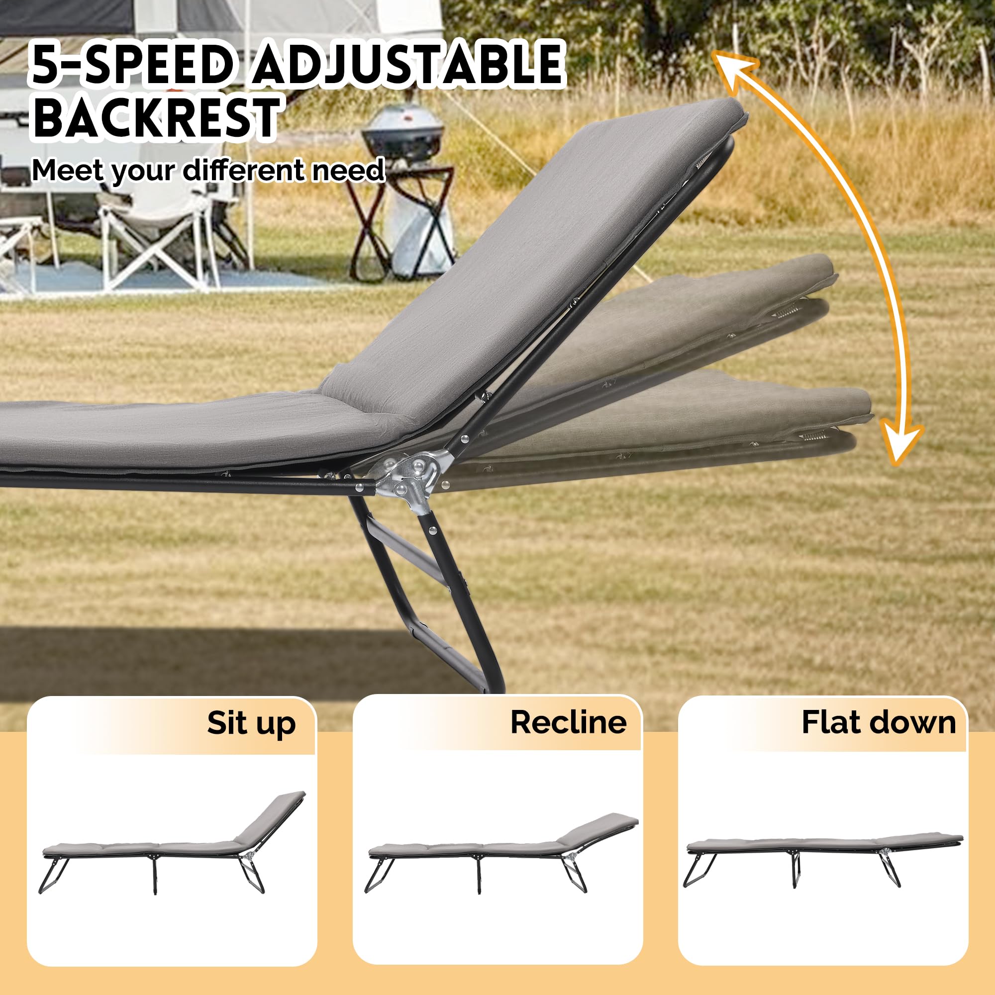 VeroFree Folding Camping Cot for Adults, Heavy Duty 5-Adjustable Outdoor Bed with Carry Bag, 1200d Oxford Travel Cot for Camping, Hiking, Grey (1 Door)