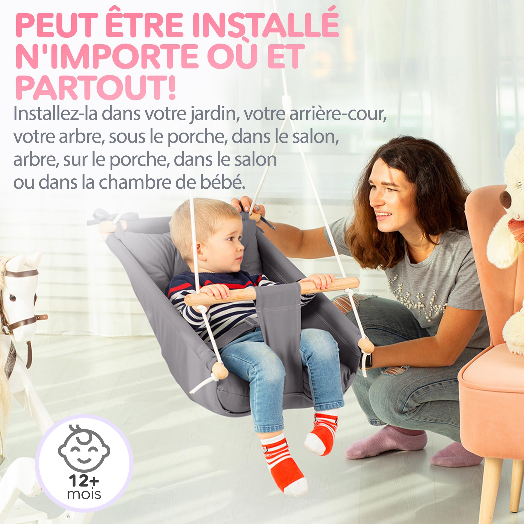 Balançoire pour bébé en Toile par Cateam - Gris - Siège de balançoire Suspendu en Bois pour bébé avec Ceinture de sécurité et matériel de Montage. Cadeau d'anniversaire de Chaise bébé hamac.