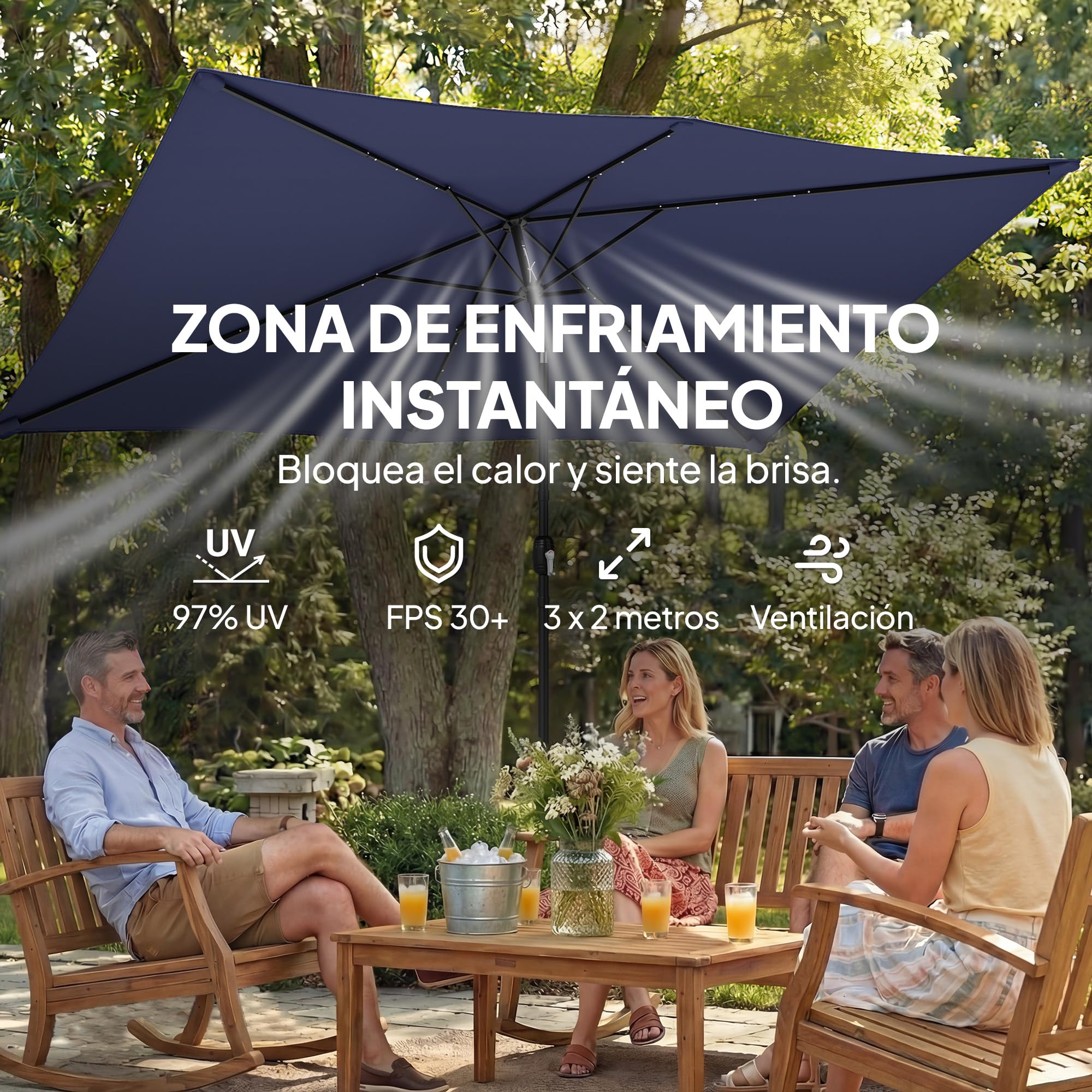 Outsunny Sombrilla Terraza Exterior 2,9x2,5 m con 24 Luces LED | Sombrilla de Jardín, Solares, Dosel Inclinable, Poste Metálico, Parasol para Patio, Terraza