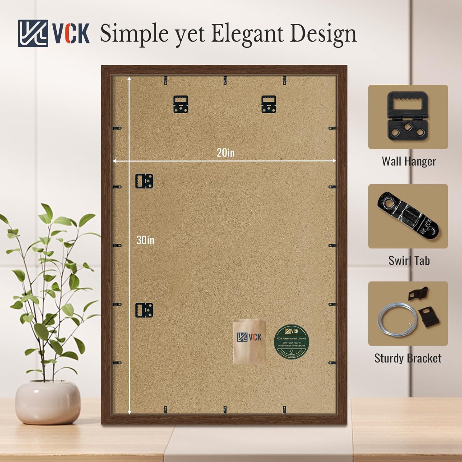 VCK 20x30 Poster Frame - 4 Pack, Display Pictures 16x24 with Mat or 20 x 30 without Mat, 20 by 30 Picture Brown Wooden Frames, Wall Mounting Horizontal and Vertical