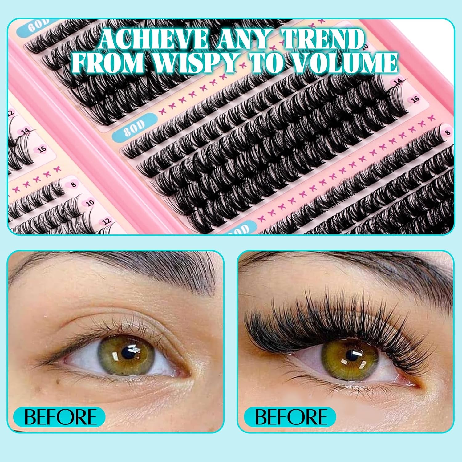 GEMERRY Lash Clusters Kit 1733Pcs Fluffy Lash Clusters Thick Eyelash Clusters Eyelash Extension Kit with Waterproof Bond and Seal Remover Tweezers for Beginners(30D-200D+Spike+Bottom)