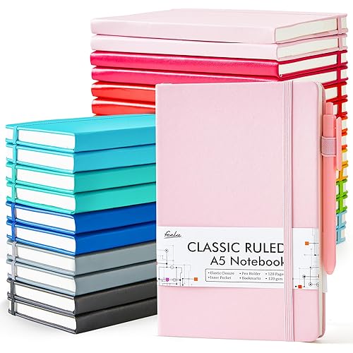 feela 24 Pack Journal Notebook Bulk for Work, Business Notebook Hardcover Lined Writing Journal with Pen Holder for Students Women Note Taking, with 24 Black Pens, 120 GSM, 5.1”x8.3”, A5, Solid Colors