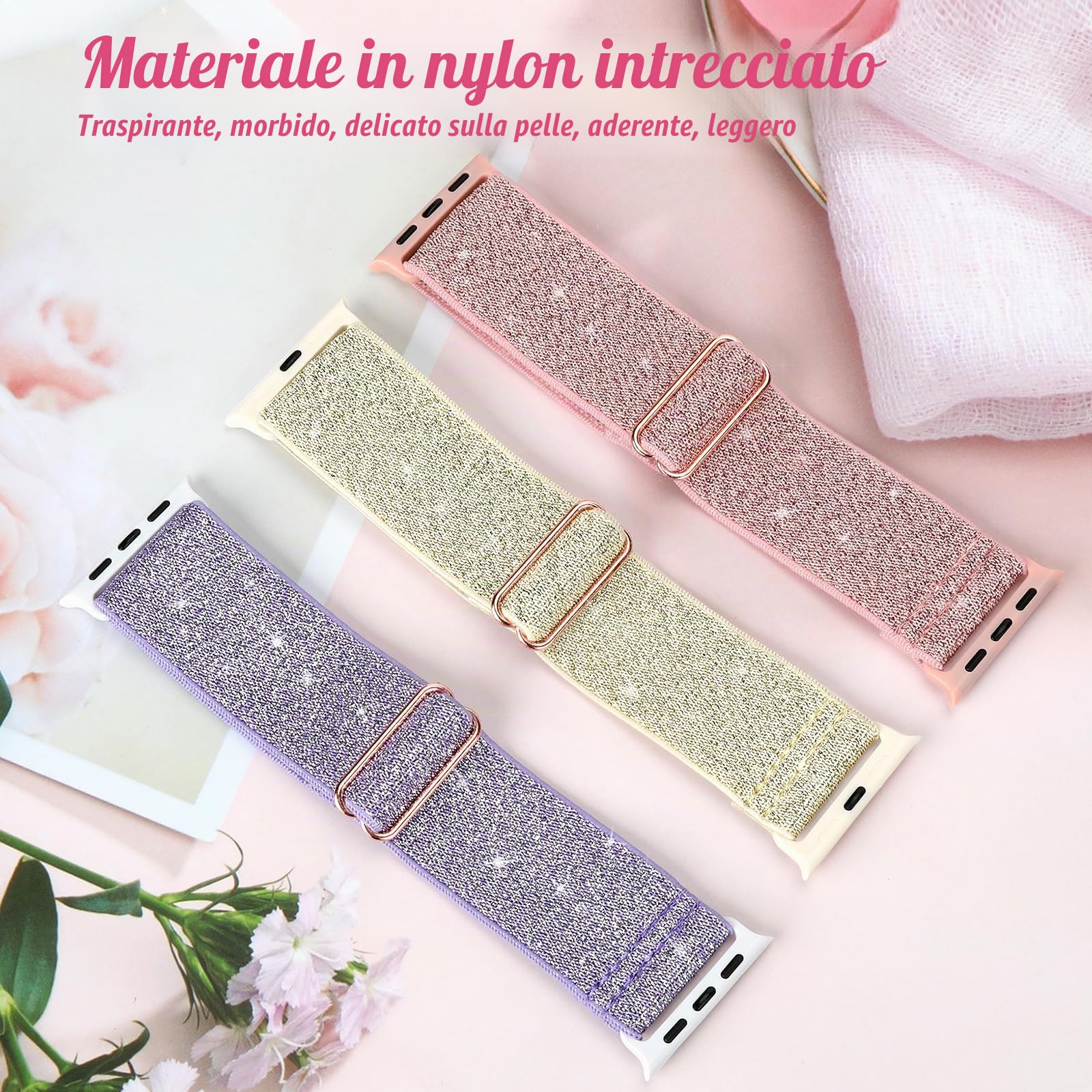 3 Pack Glitter Sport Loop Cinturino Compatibile con Apple Watch, Nylon Intrecciato Elastico Uomo Donna Cinturino di ricambio per iWatch Series 7 6 5 4 3 2 1 SE