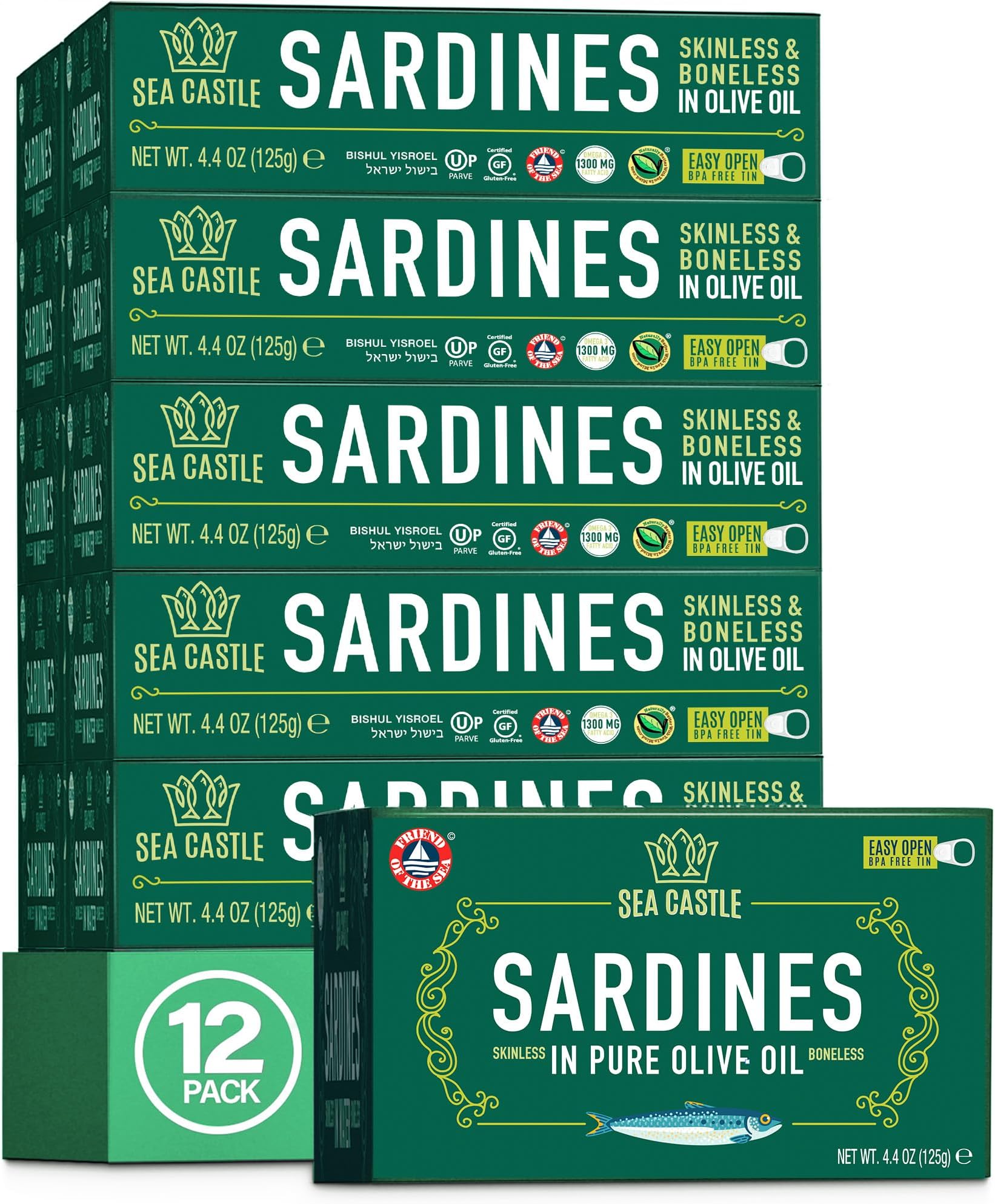 Sea Castle Skinless and Boneless Sardines in Olive Oil, 4.4oz (12 Pack)