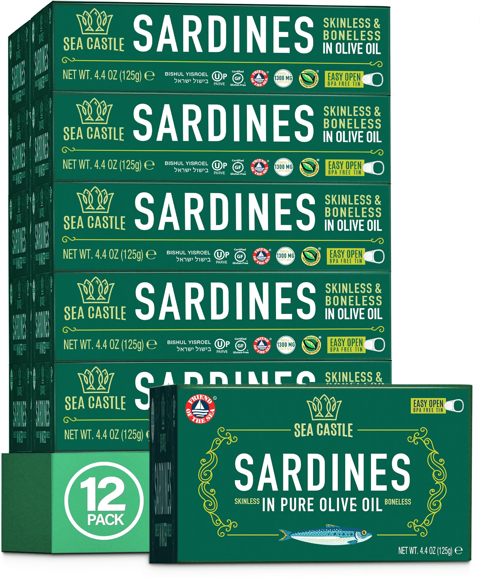 Sea Castle Skinless and Boneless Sardines in Olive Oil, 4.4oz (12 Pack)