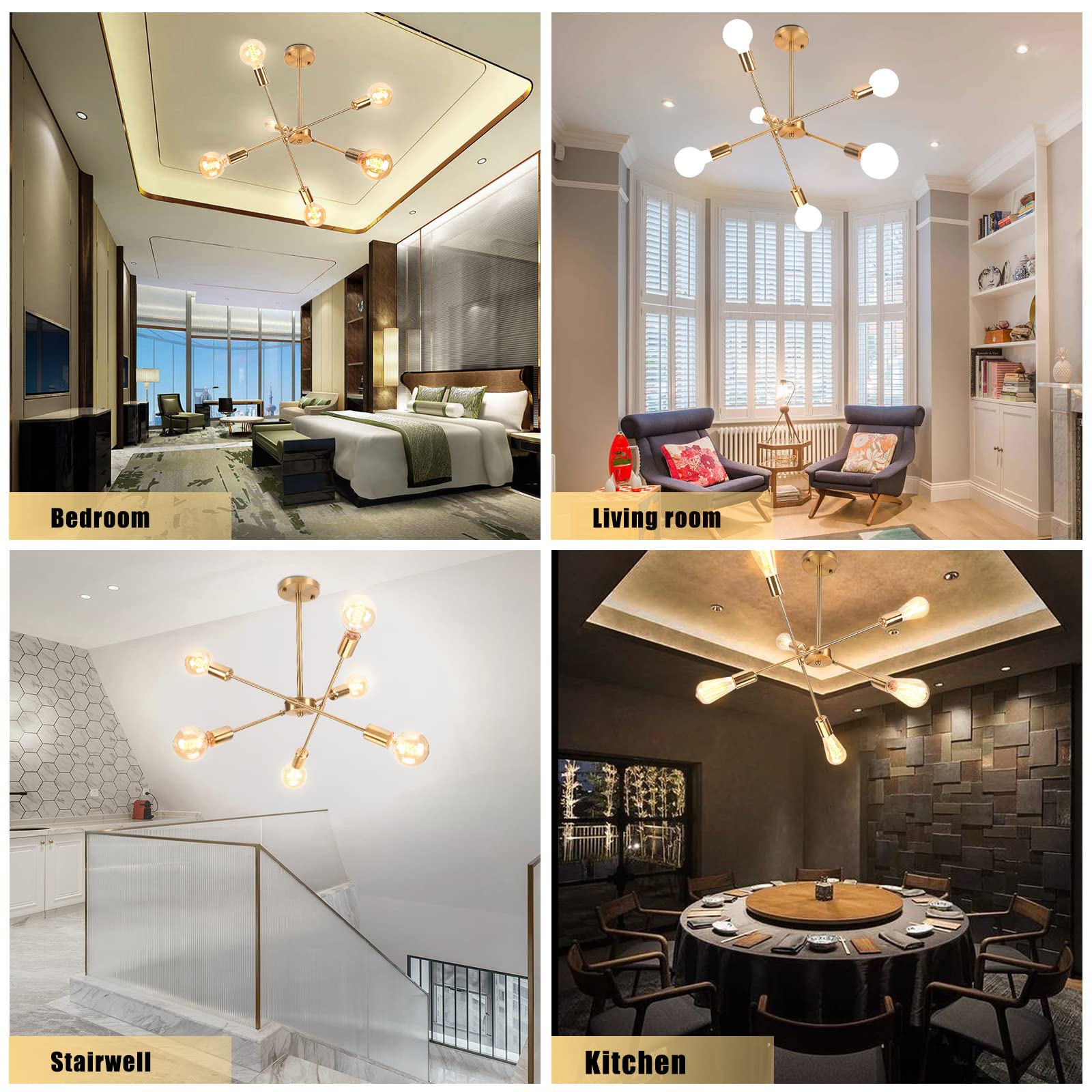 iDEGU żyrandol przemysłowy, 6 świateł, lampa sufitowa, LED, vintage, metalowa, regulowana, zawieszka, E27, oświetlenie retro, lampa sufitowa, do salonu, kuchni, jadalni, sypialni (złota)