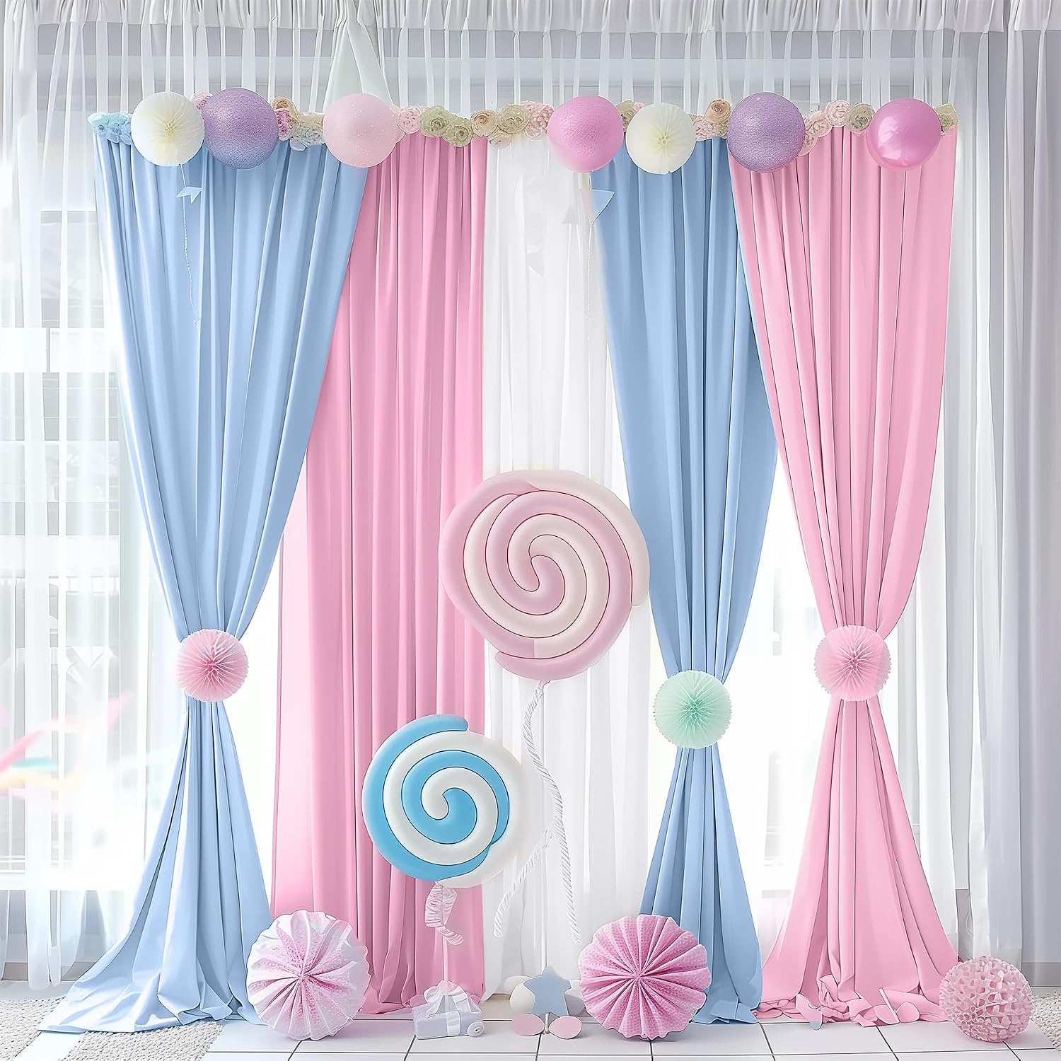 Condition photo showing New/Like New for jcj blue pink backdrop for baby shower gender reveals backdrop pastel curtains for birthday party decoration 5 panels 10ft×7ft bluepinkwhite
