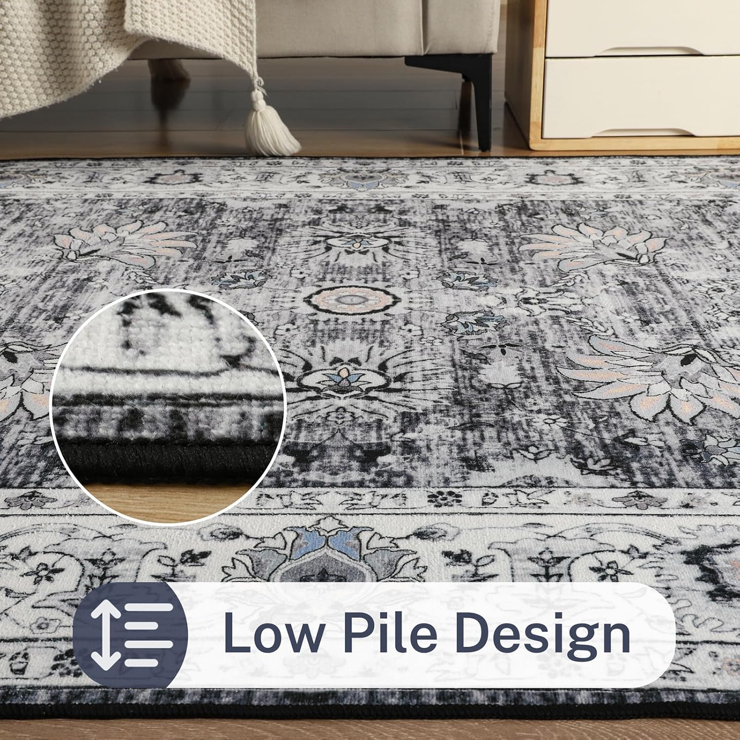 Area Rug 4x6 Washable Rug Grey Boho Rugs for Bedroom Bedside Living Room, Non Slip Low Pile Vintage Rug Floral Print Mat for Dining Room Home Office Rugs
