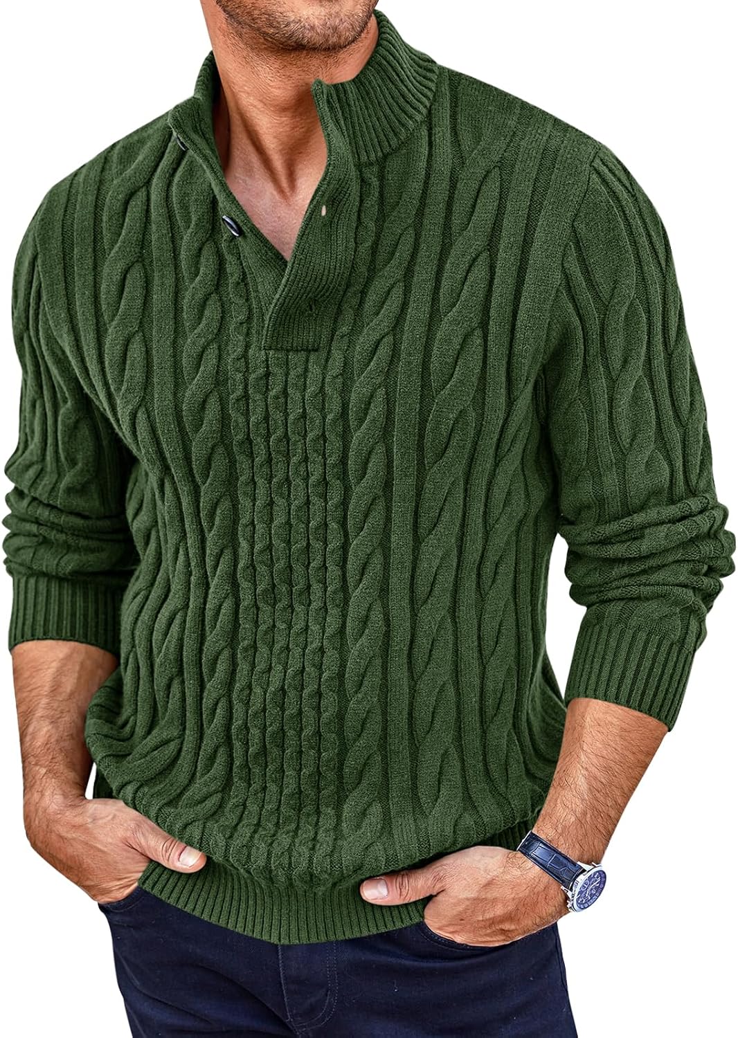 Runcati Mens Cable Knit Pullover Sweater Casual Stand Collar Chunky Buttons Fall Winter Sweaters