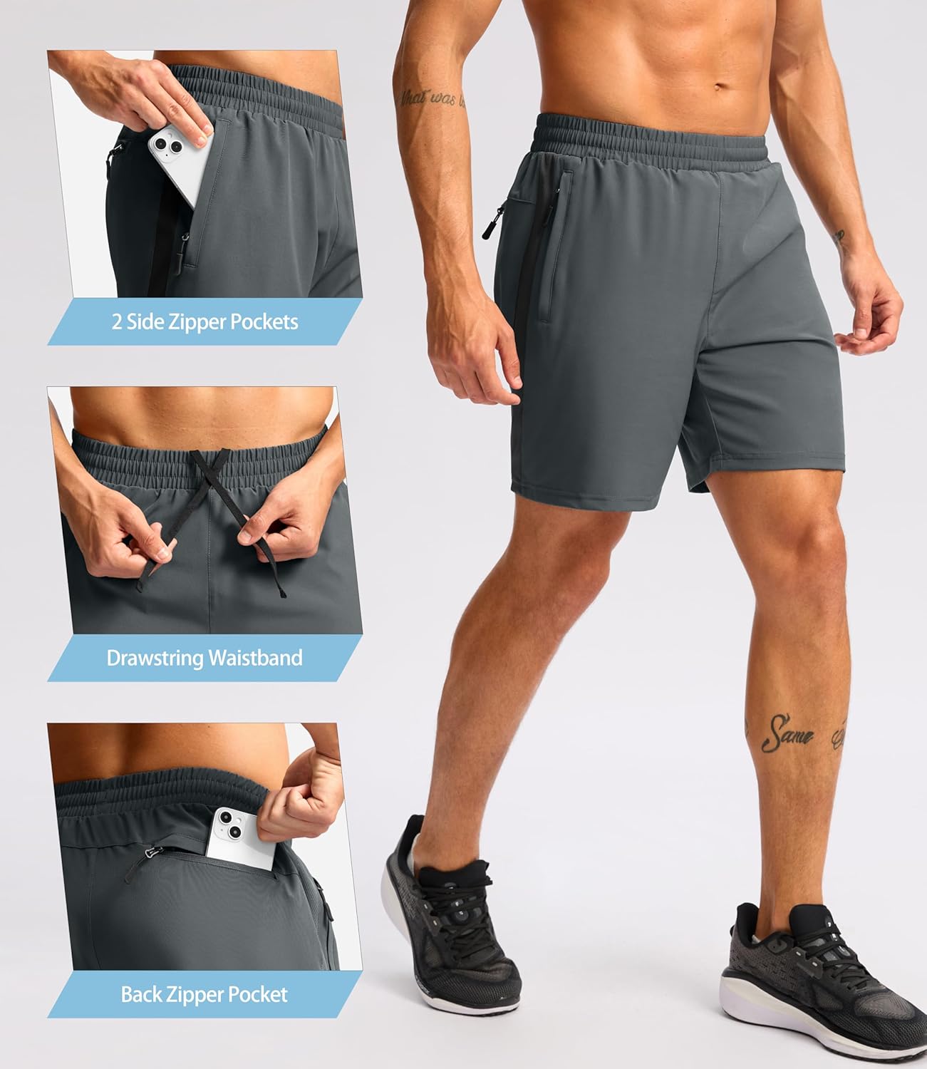 Pudolla Men's Running Athletic Shorts with 3 Zipper Pockets 5"/7" Gym Workout Shorts Lightweight Quick Dry for Hiking Casual - Image 4