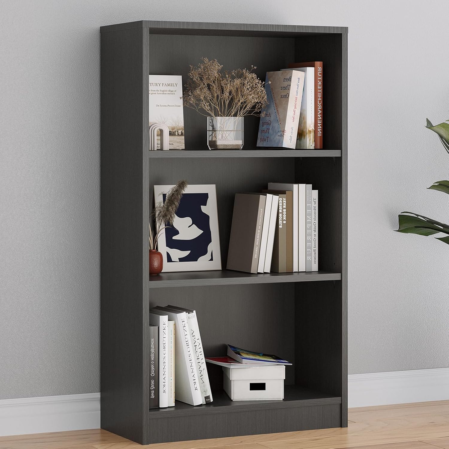 Farini 3-Shelf Bookcase,Wooden Bookshelf with Adjustable Shelves for Home Office, Grey Finish