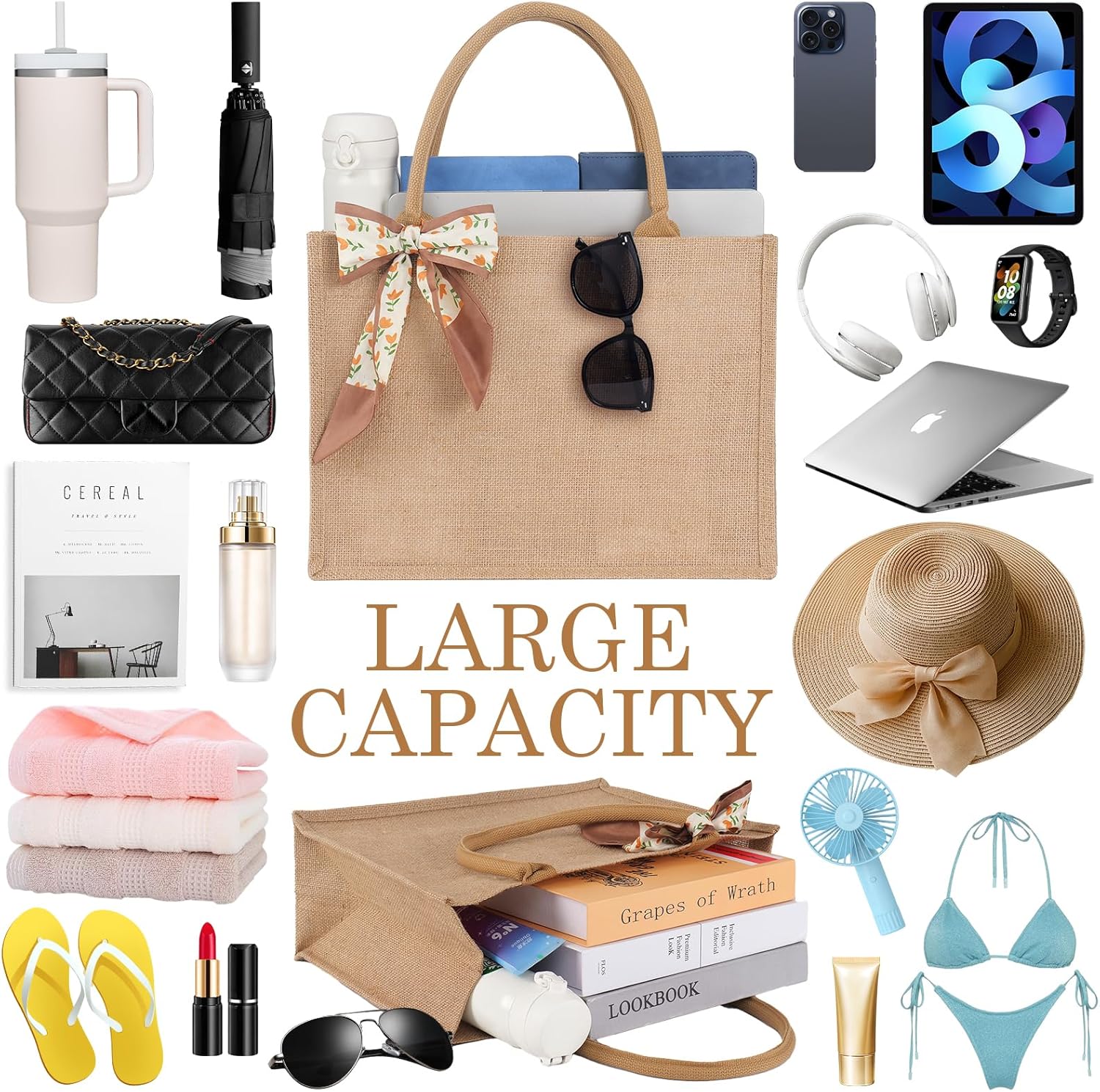 Large Jute Tote Bag Set. Durable, waterproof and reusable. The ribbon pairs with any outfit, for any occasion. - Image 4