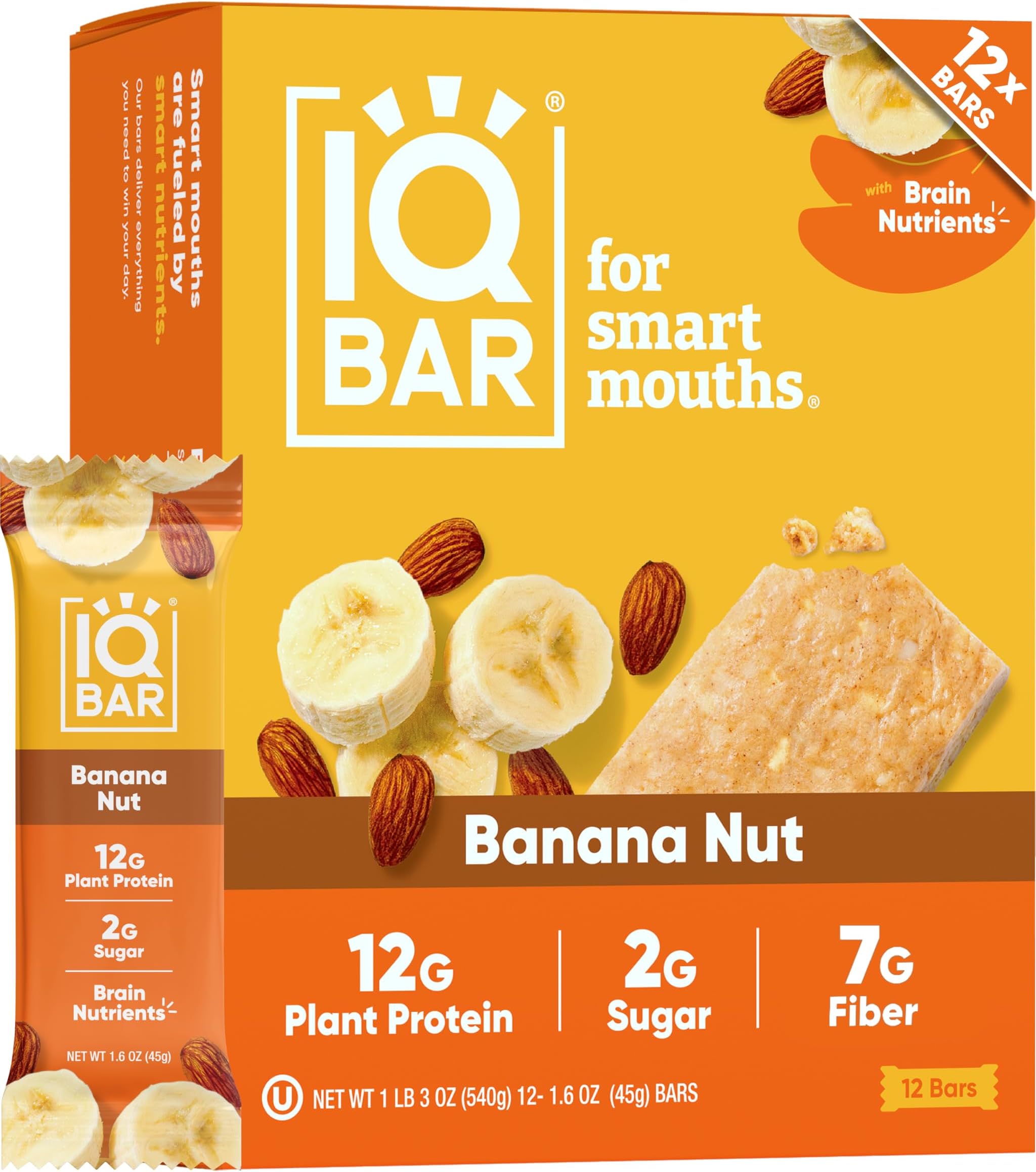 IQ BAR Brain and Body Keto Protein - Banana Nut Keto - 12-Count Energy - Low Carb Protein - High Fiber Vegan and Low Sugar Meal Replacement - Vegan Snacks