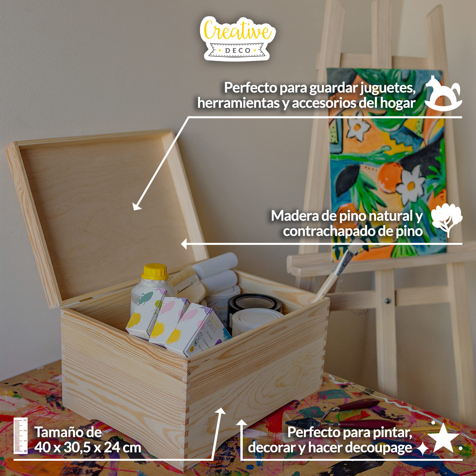 Creative DECO XXL Grande Caja Madera para Decorar con Tapa | 40x30,5x24 cm