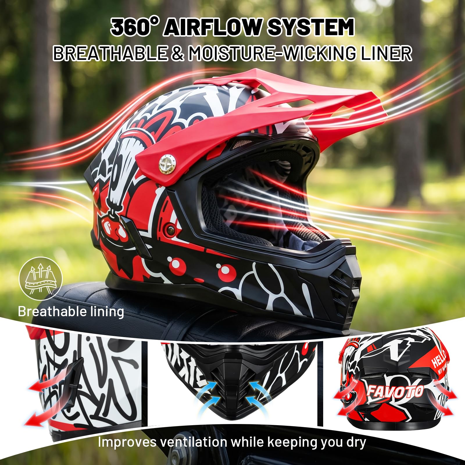 Favoto Casco Cross per Bambini con Occhiali di Protezione – Resistente agli Urti, Certificato ECE 22.06, Casco da Motocross e Dirt Bike, Rosso-Nero S (49–50 cm)