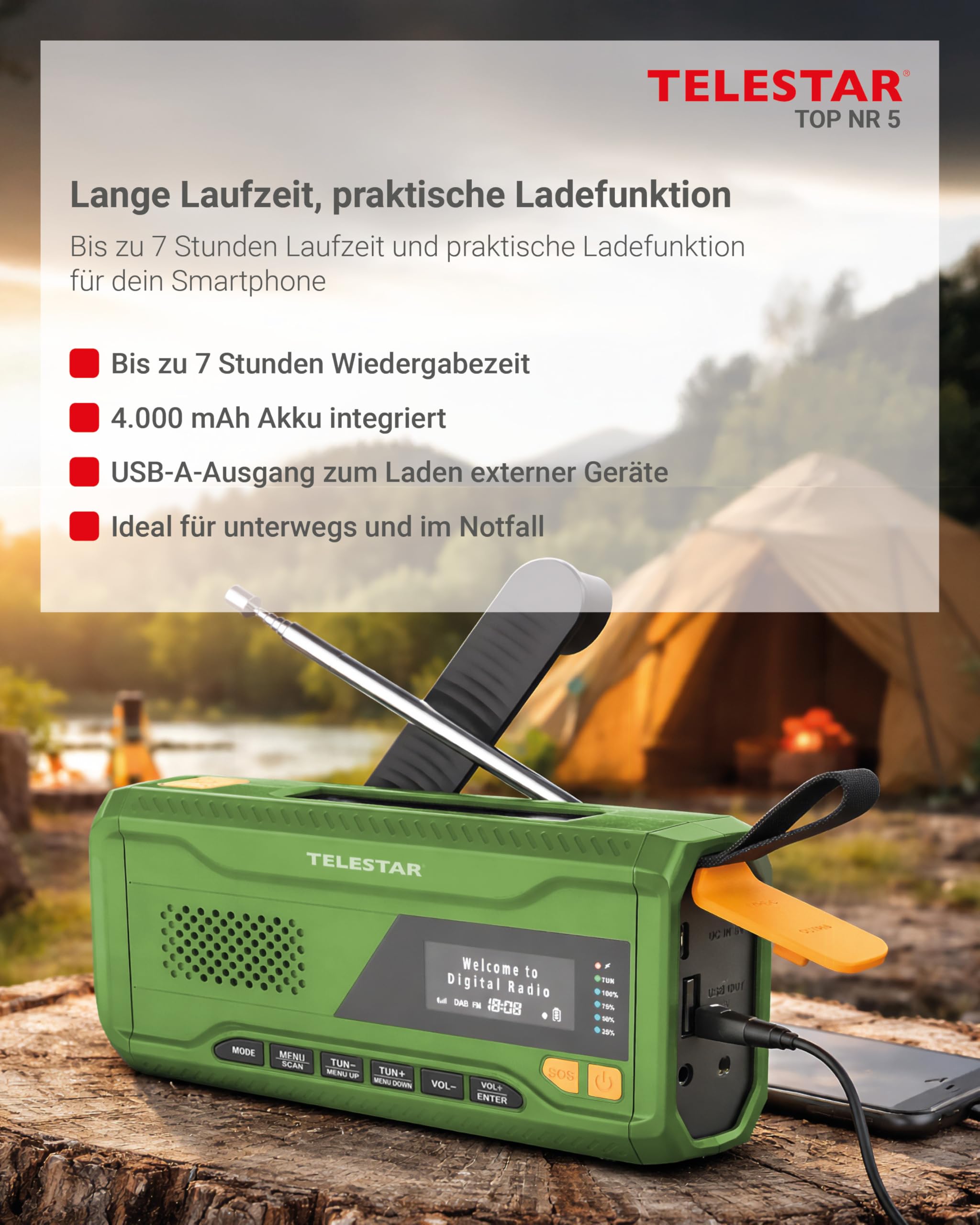 TELESTAR TOP NR 5 – Notfallradio mit 4000 mAh Akku – Grün | Kompaktes Kurbelradio, Solarpanel, Powerbankfunktion, Taschenlampe, SOS Funktion