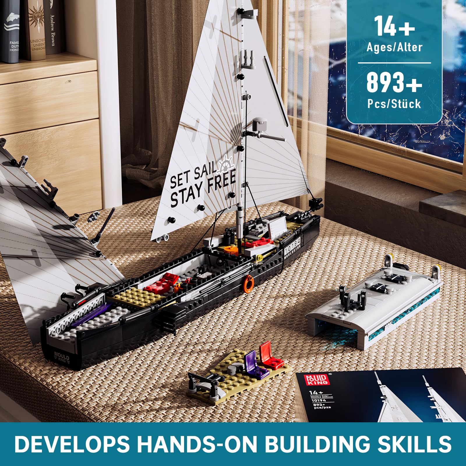 Mould King 10194 Bloques de construcción para barco con velas de tela - Modelo grande de velero - Compatible con otras marcas (893 piezas)