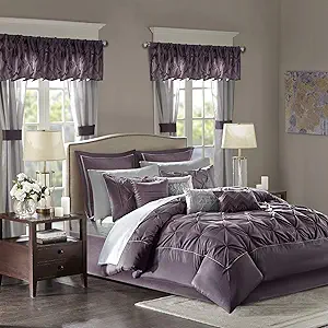 Madison Park Essentials Cal King Comforter Set, 24 Piece Bedding With Matching Curtains, Decorative Pillows, Luxe Diamond Tufting , Room in a Bag Joella Collection, Plum Cal King