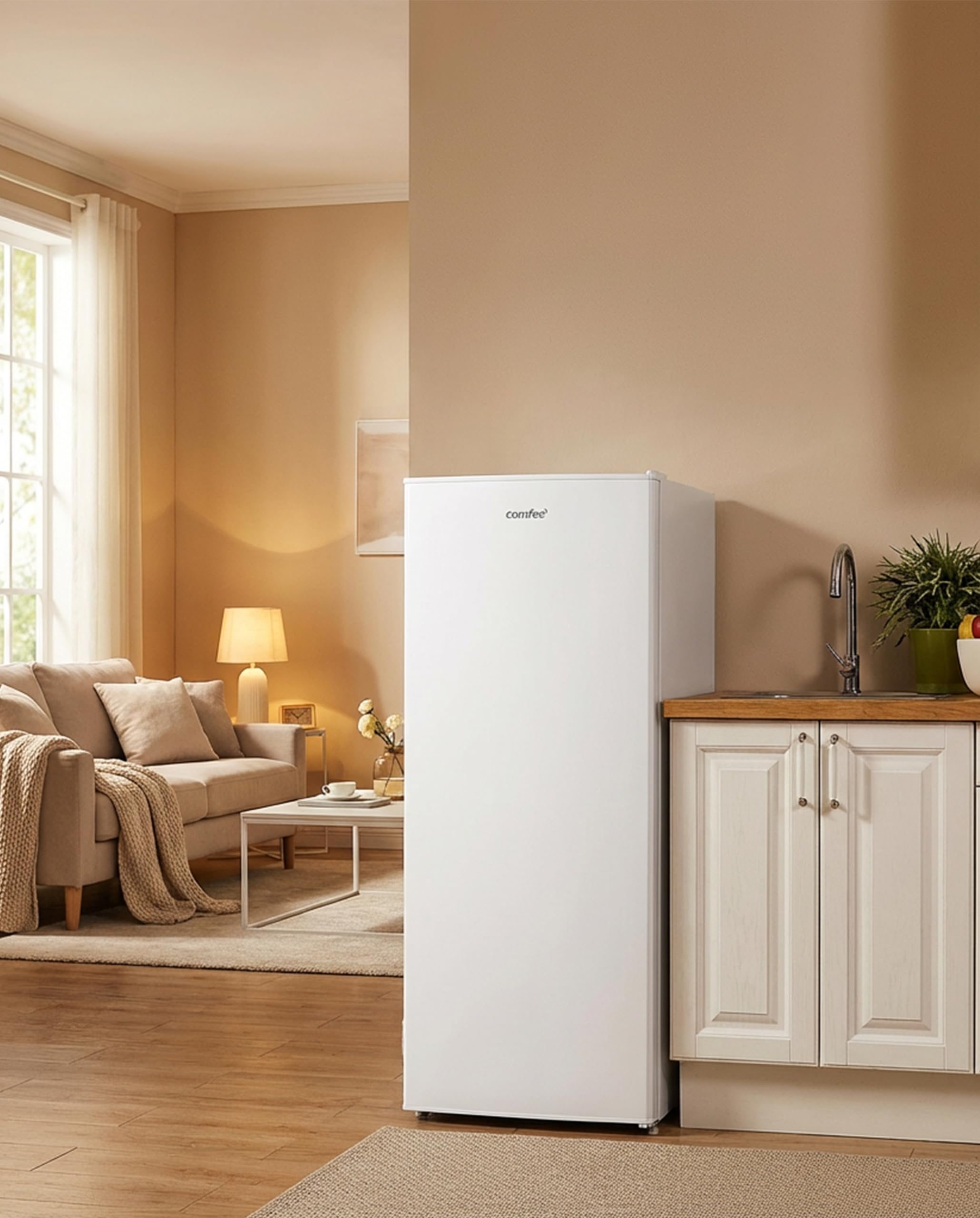 COMFEE' RCD235WH2EU(E) 230L Freestanding Frigorifero, 55x142 cm, Mensola in Vetro Rimovibile, Porta con Cerniera Reversibile, Piedini Regolabili, Bianco
