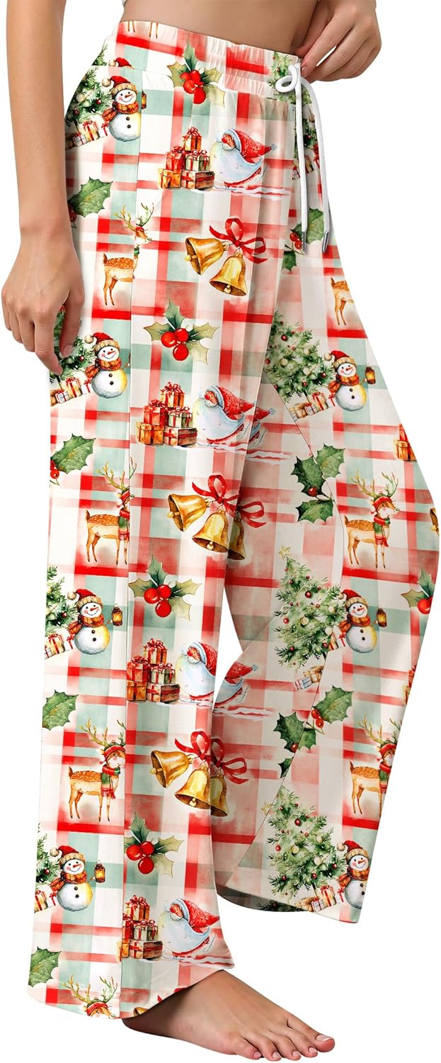 Christmas Pajamas Bottoms for Women Santa Claus Snowman Print Wide Leg Pj Pants with Pockets Lounge Sleepwear - Image 2