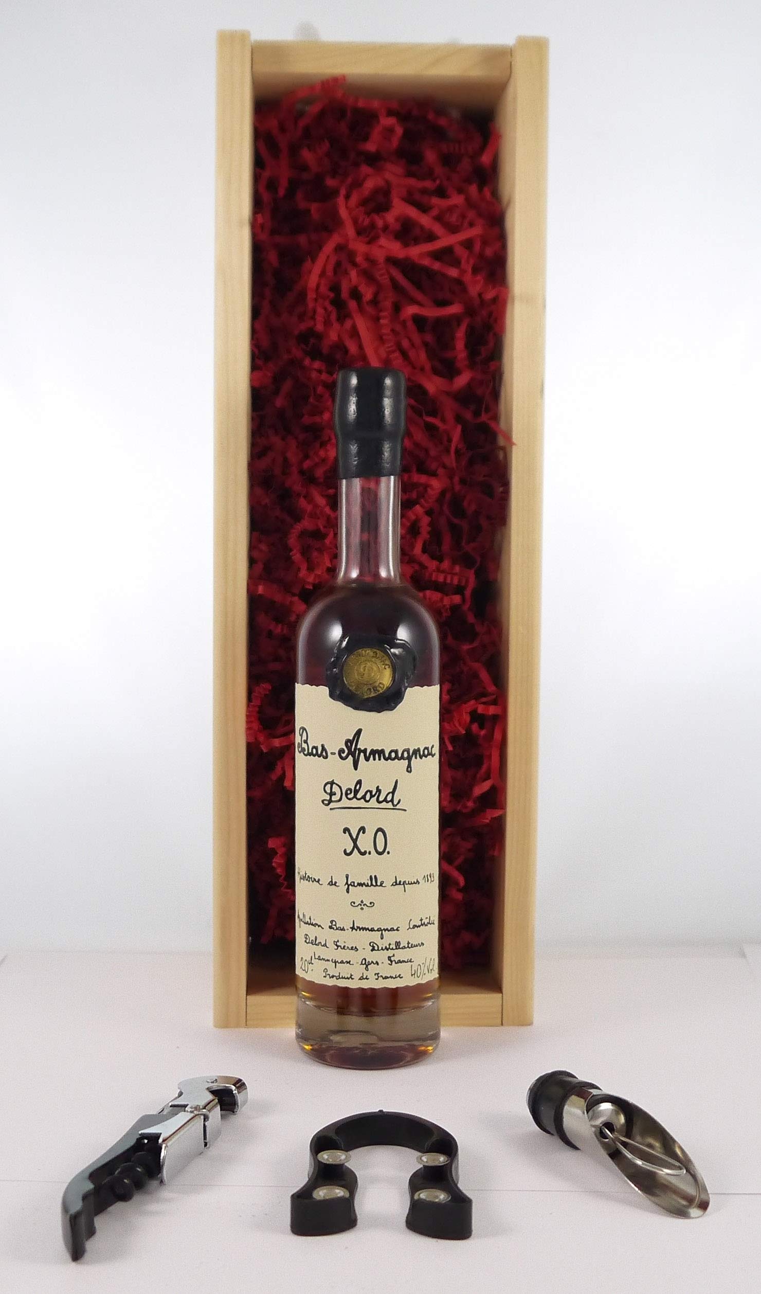 XO Delord Freres Armagnac 20 CL presented in a wooden box with three wine accessories 1 x 200ml