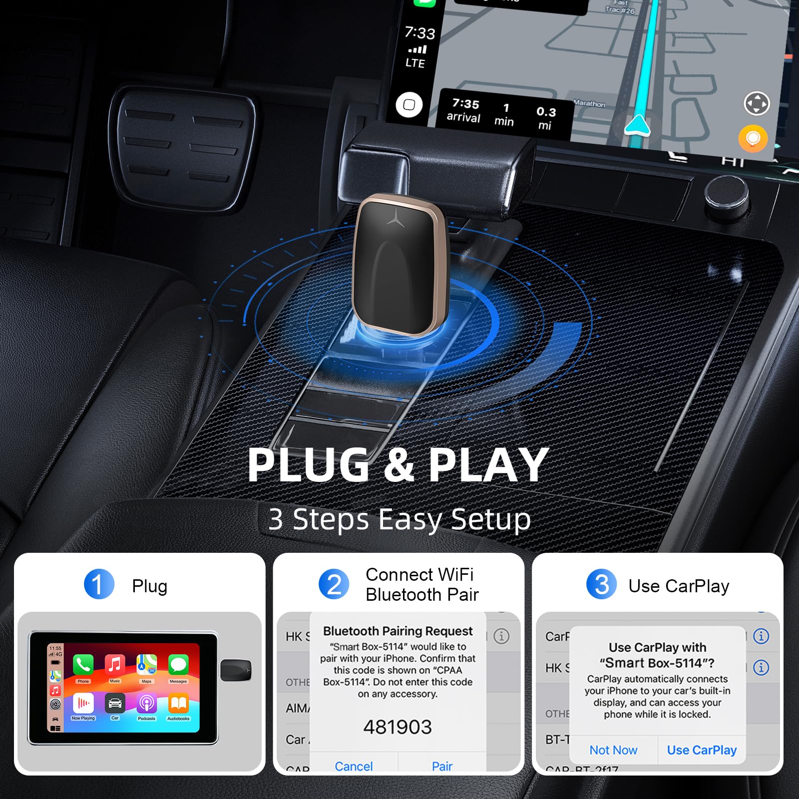 Ezonetronics Adattatore Carplay Wireless e Android Auto, Converte Carplay Cablato in Wireless 2-in-1 Plug & Play USB C/A,Mini e Stabile 5,8 GHz WiFi Bluetooth Compatibile con iOS 10+/ Android 11+