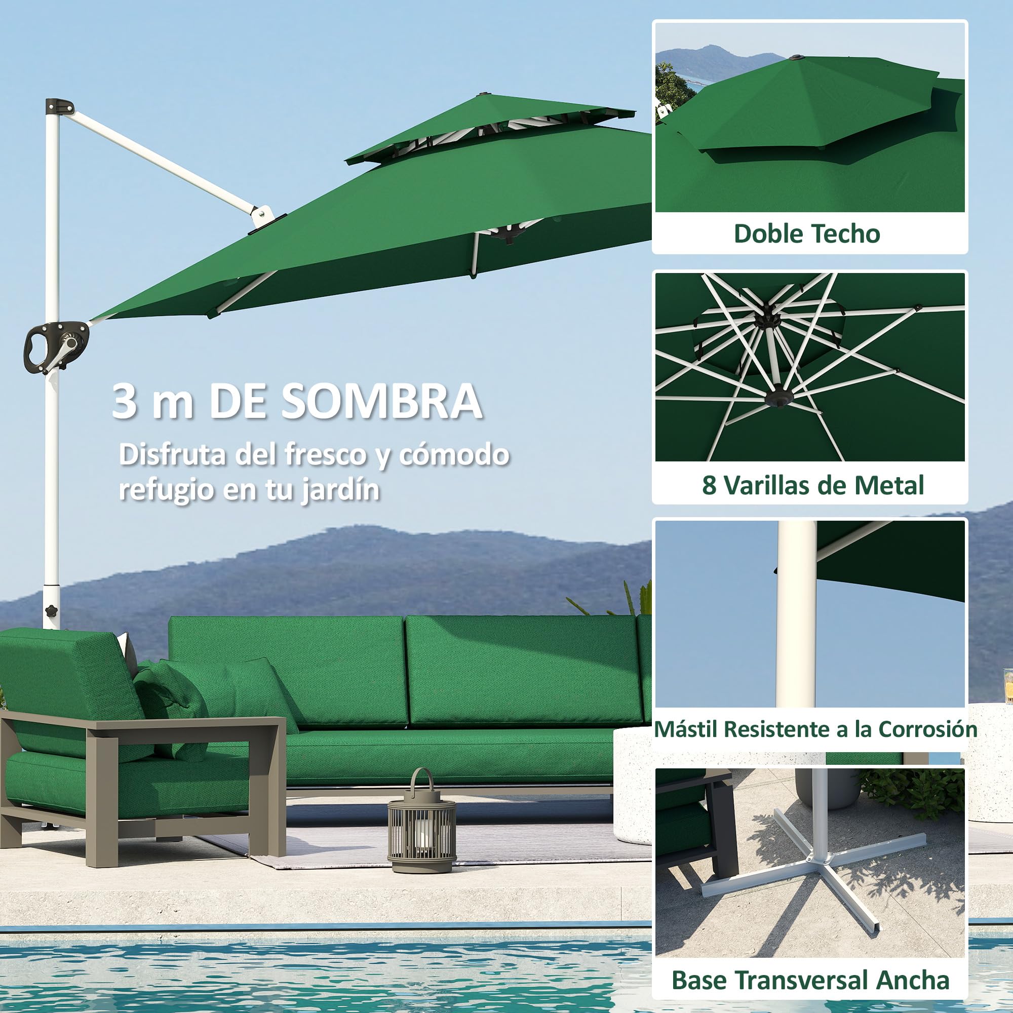 Outsunny Sombrilla de Jardín Ø292 cm Parasol Excéntrico con Manivela Giratorio 360° Inclinación Ajustable Doble Techo y Base Cruzada Sombrilla para Terraza Exterior Patio