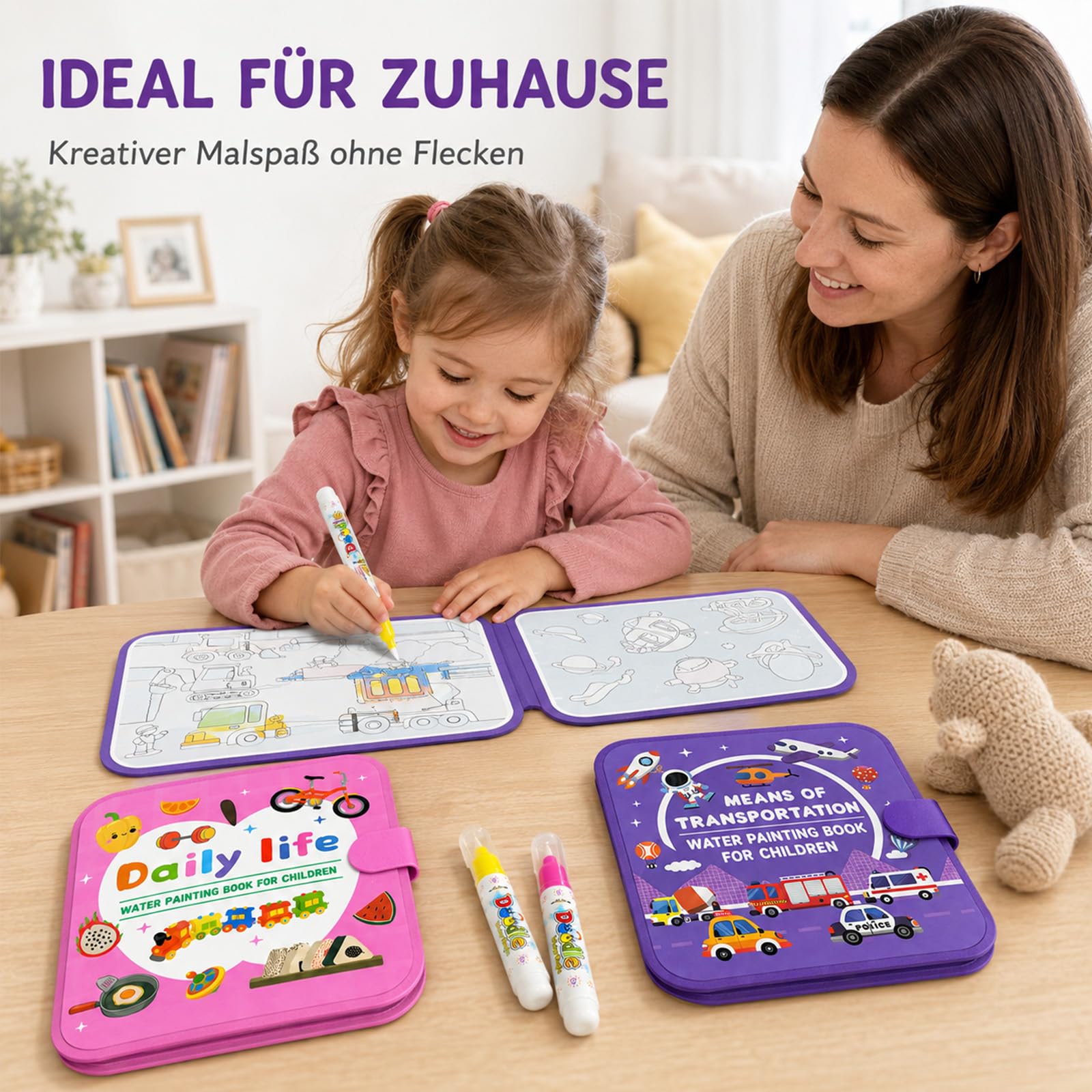 Elfew 2 Wasser-Malbücher Mit 2 Stiften – Wiederverwendbar, Sauber, Farbenfroh – Für Kinder Ab 2 Jahren – Perfekt Für Unterwegs