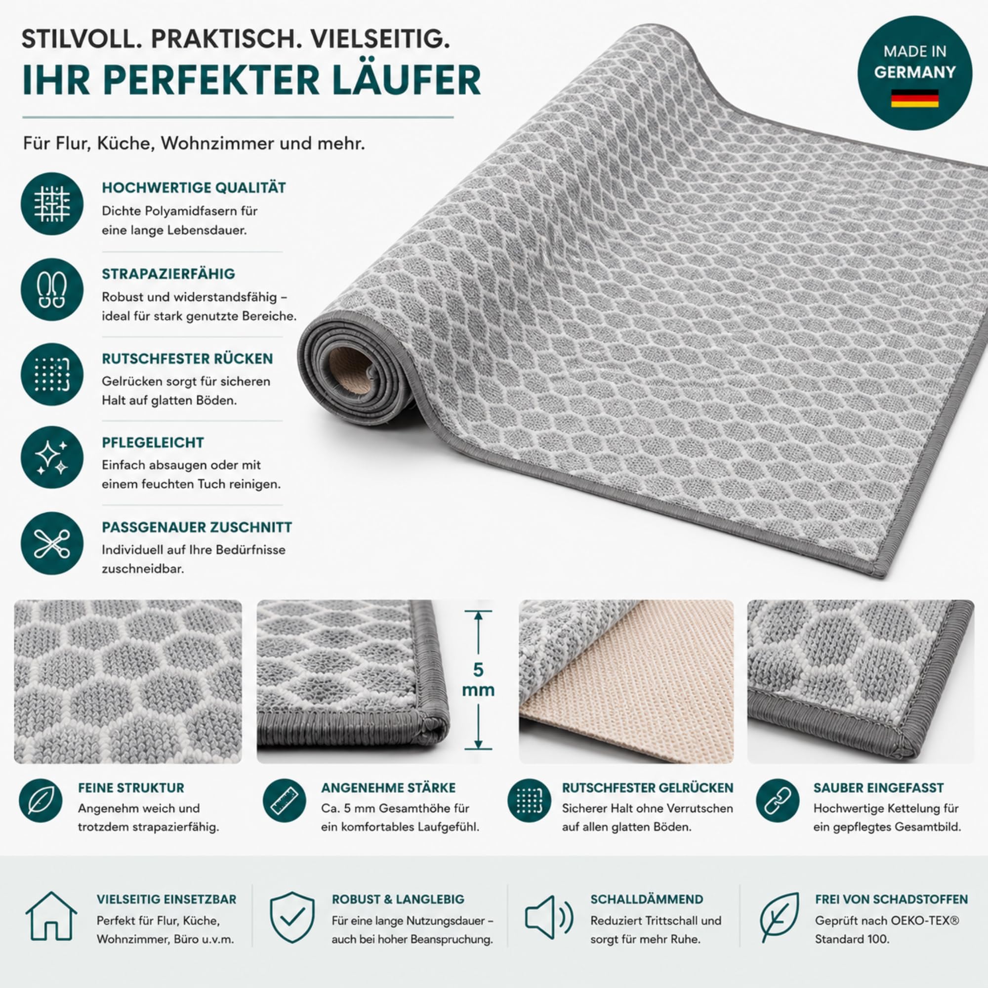 Floordirekt Teppichläufer Tralee 80 x 600 cm - Läufer für Küche, Flur & Wohnraum - Feinschlingen Teppich - rutschfest & antistatisch - Küchenläufer Flurteppich Flurläufer
