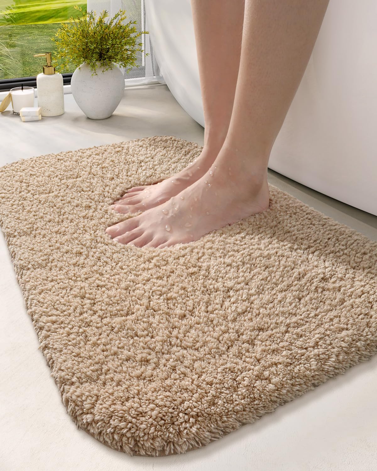 DEXI Bathroom Rug Mat 32x20, Extra Soft and Absorbent Bath Rugs, Washable Non-Slip Thick Carpet Mat for Shower Floor, Tub, Beige