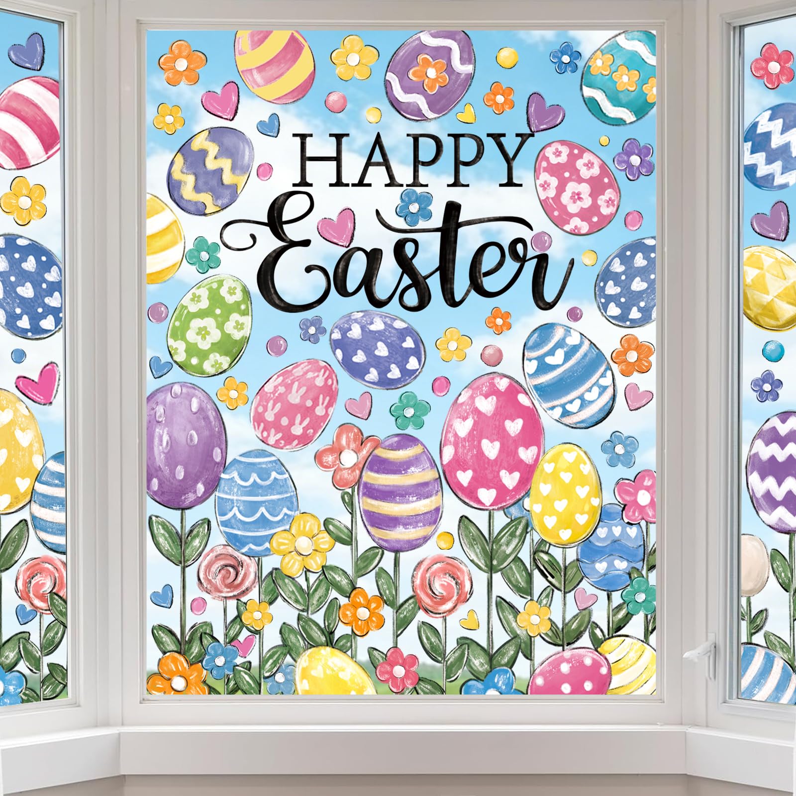 XIMISHOP 6 Sheets Large Easter Egg Window Clings，Cute Colorful Reusable Easter Egg Window Double-Sided Static Stickers Decals for Easter Party Spring Home Office School Glass Decorations — image 1