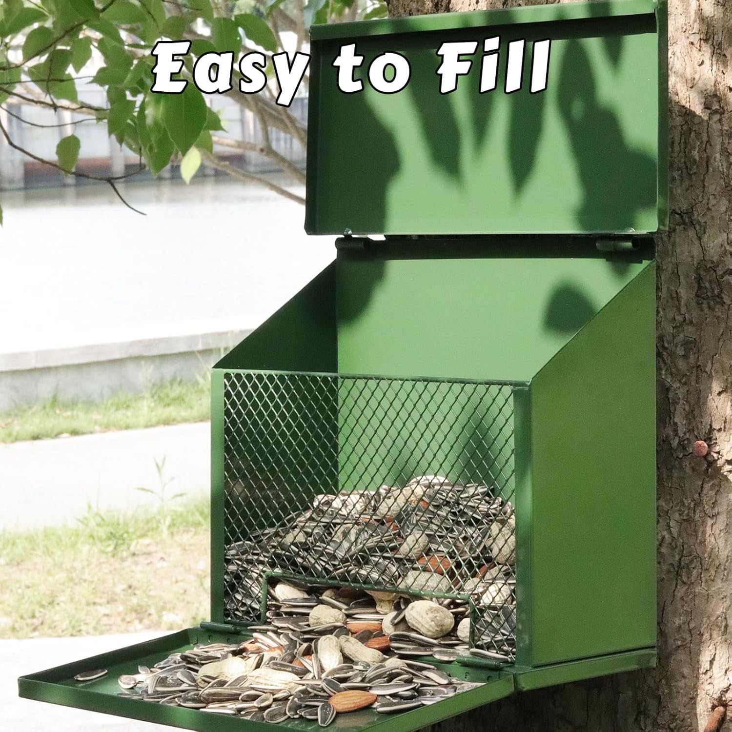 Metal Squirrel Feeder, Squirrel Feeders for Outside Hanging Nesting Box Chipmunk Picnic Table House Outdoors for Corn, Nut, Peanuts Green 1 Pack