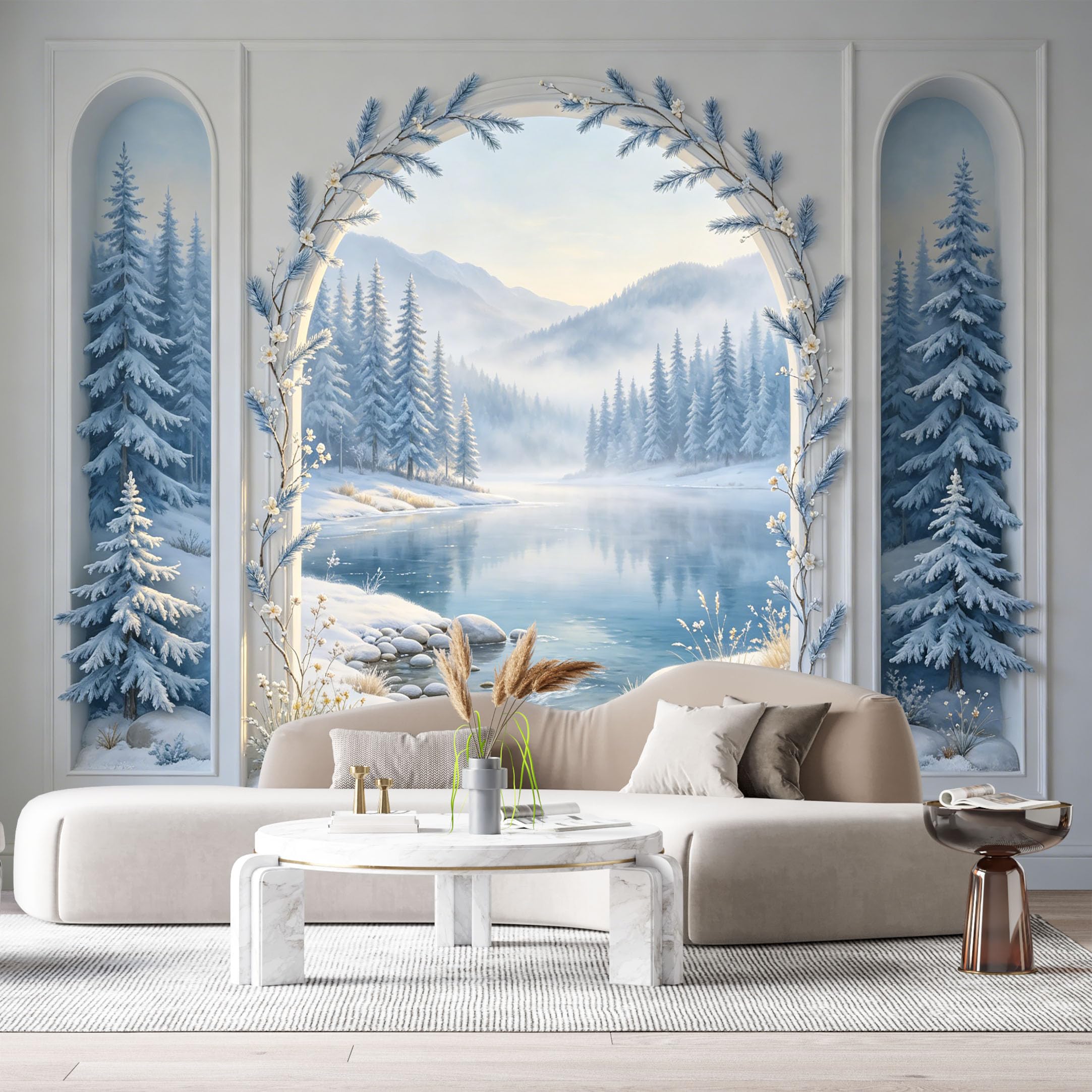 Custom Size Wall Murals Winter Snowy Mountain Lake Forest Archway 3D Trompe L'Oeil SelfAdhesiveWall Fabric Removable Wallpaper Wall Decor for Living Room Bedroom Bathroom