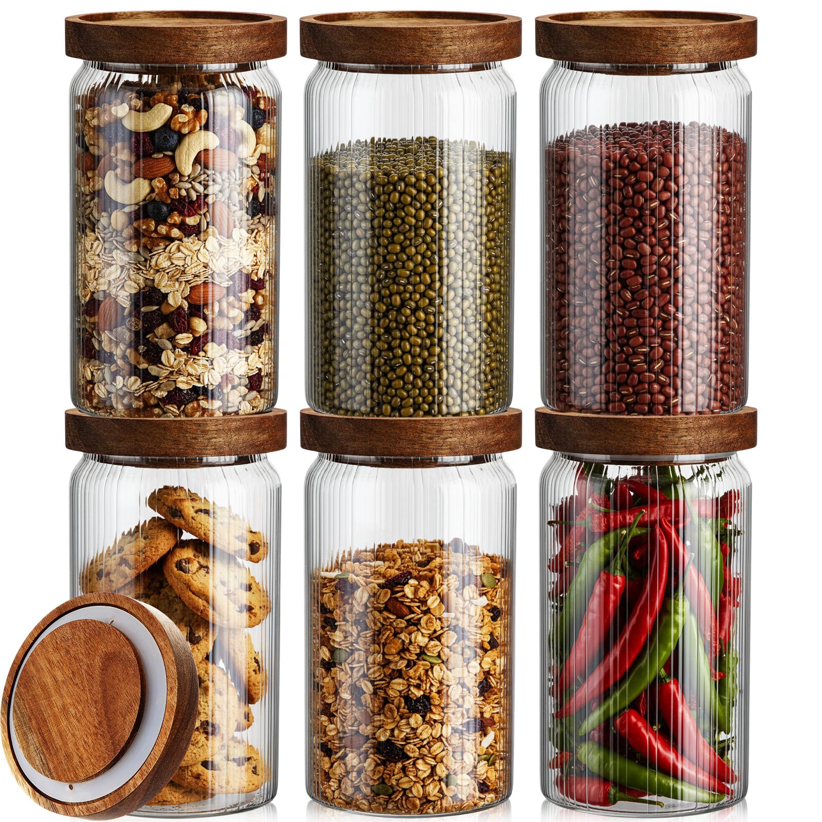 Photo 1 of Suclain 6pcs Ribbed Glass Jars with Wooden Lid Airtight Fluted Storage Container Striped Food Organization Canisters for Pasta, Coffee, Candy for Home & Kitchen (27 oz)