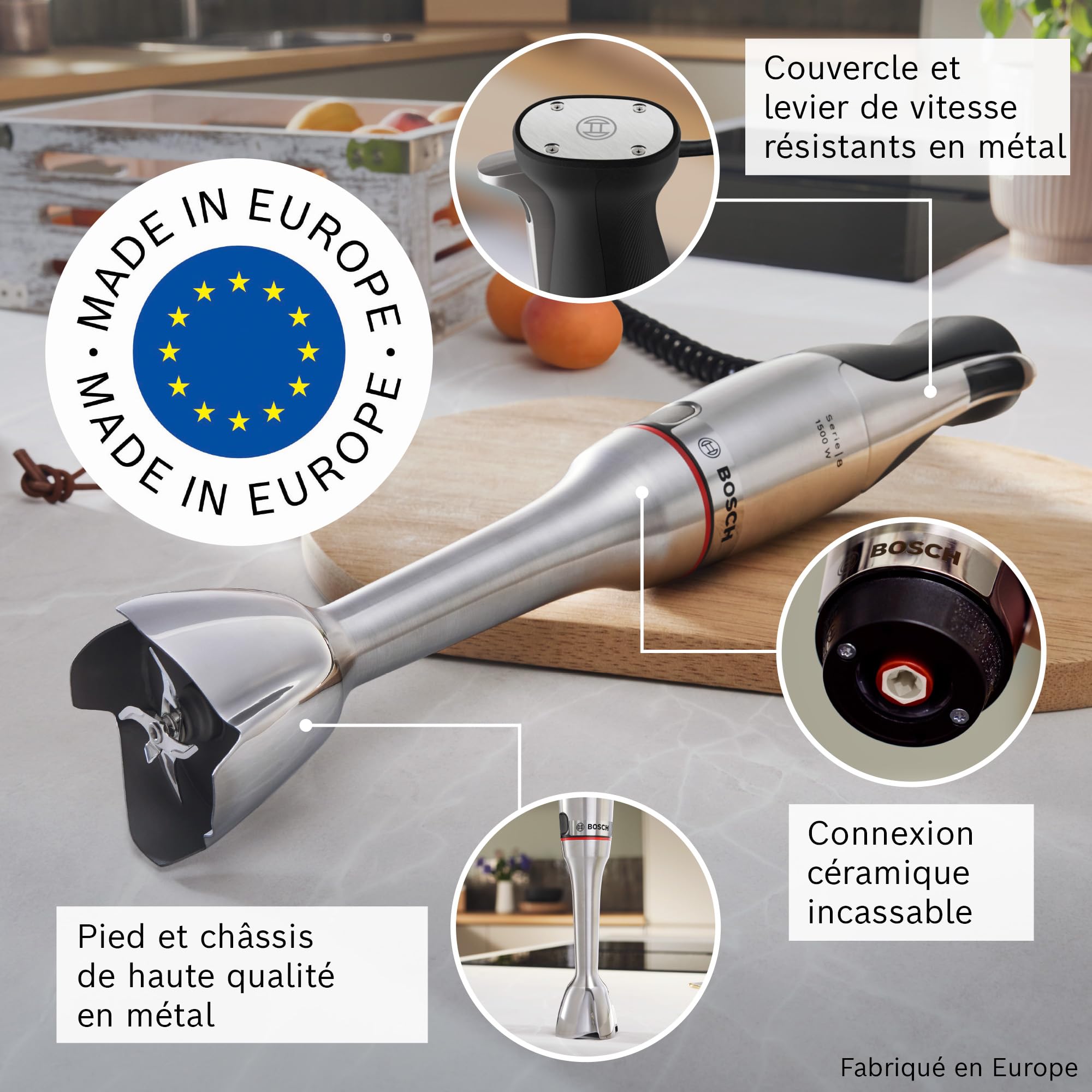 Bosch - Frullatore a mano, serie ErgoMaster 8, motore da 1500 watt, regolazione intuitiva della velocità, lama a 6 fogli, accessori inclusi, acciaio inossidabile, MSM8M934