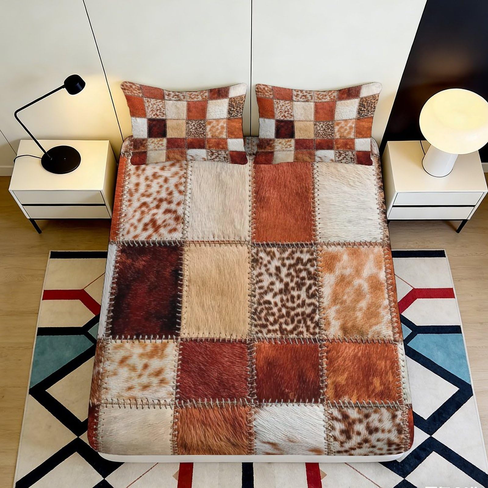 3D Printed Patchwork Animal Print Fitted Sheet Microfiber Soft Durable Plaid Bed Cover for Bedroom Dormitory Guest Room Mattress Protection 120x200x25cm