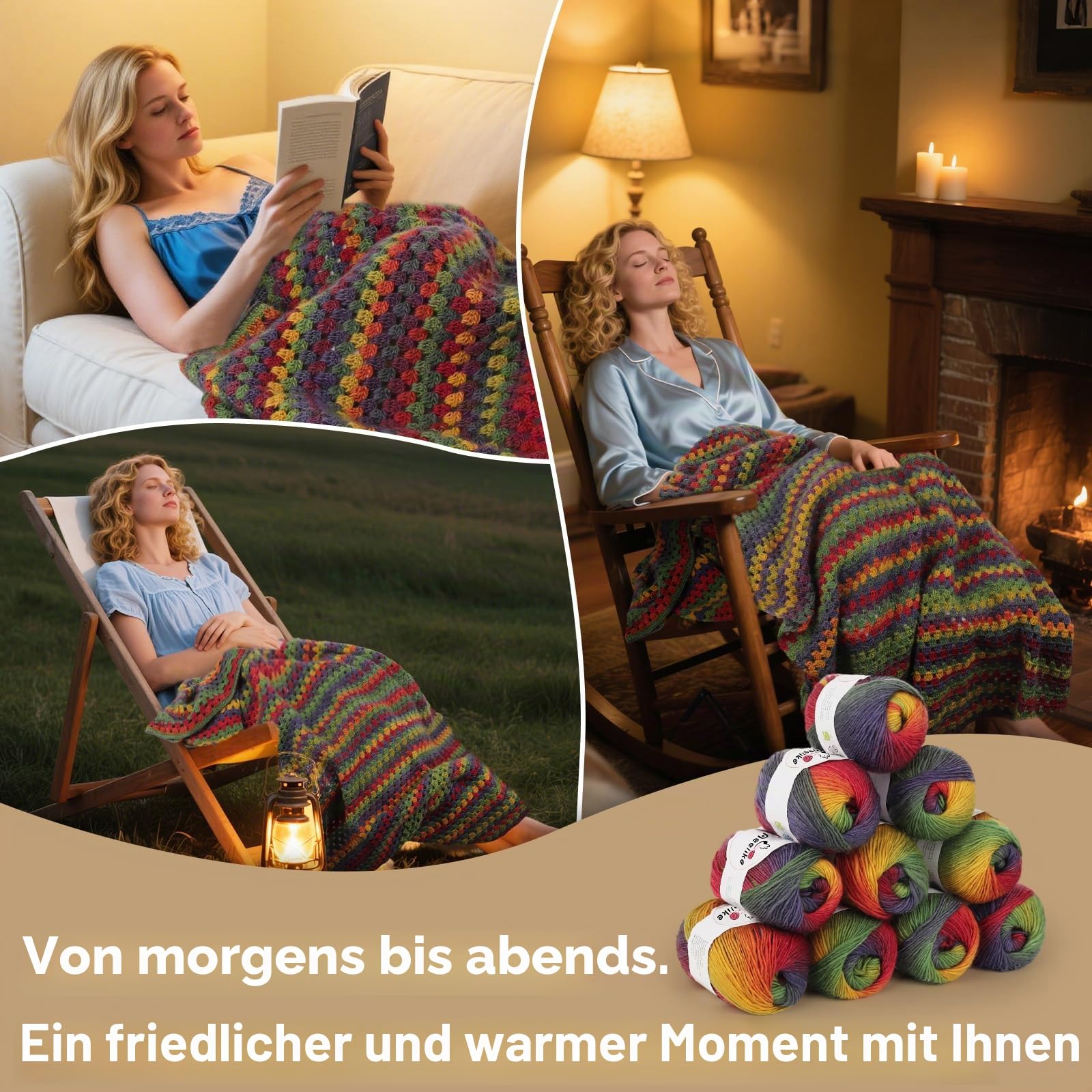 Aeelike Häkel-Decken-Set für Anfänger, Vintage-Regenbogen-Decke, Komplettes Starter-Häkelset mit ausreichend warmem Ombre-Wollgarn, Video-Anleitung, Einfache Häkeln Set für Häkel-Fans