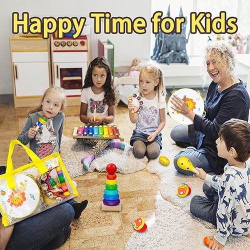 Miniatura 5 de Juguetes musicales para bebés de 3 a 5 años, juego de instrumentos musicales de madera, tambor de percusión, xilófono, maracas, pandereta, 12 piezas