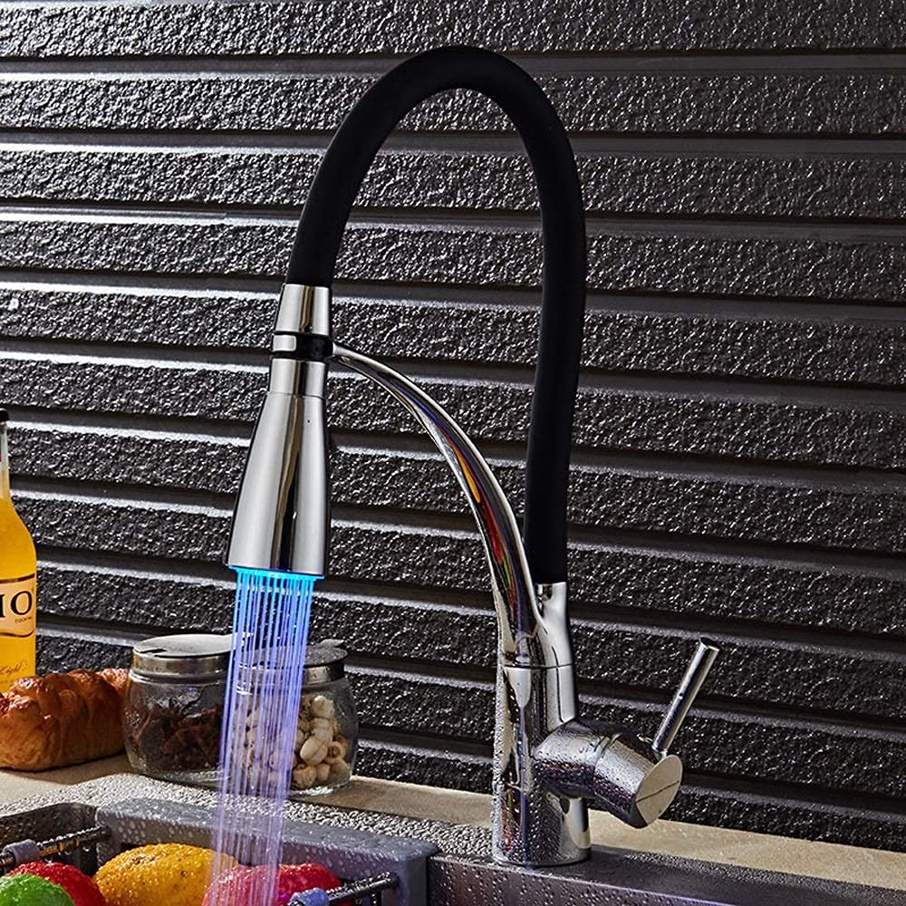 OIFAODAO Water tap, European Style Kitchen Faucet Sink Rotate Pull Led Cold Heat Discoloration Taps