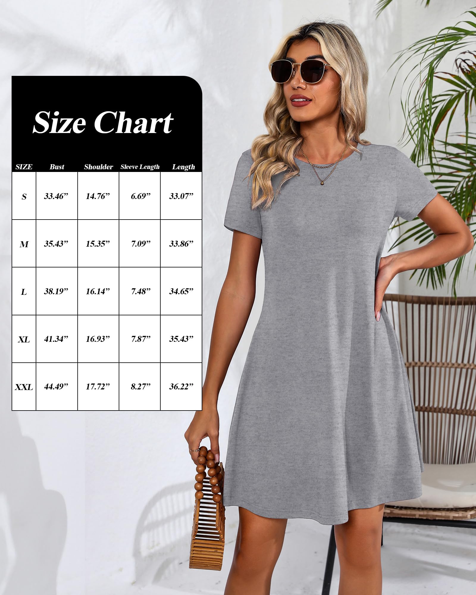 Huukeay 3 Pack Women Casual T Shirt Dresses Short Sleeve Round Neck Loose Fit Tunic Dresses Summer Swing Dress (Black, Light Gray, Army Green,Medium)
