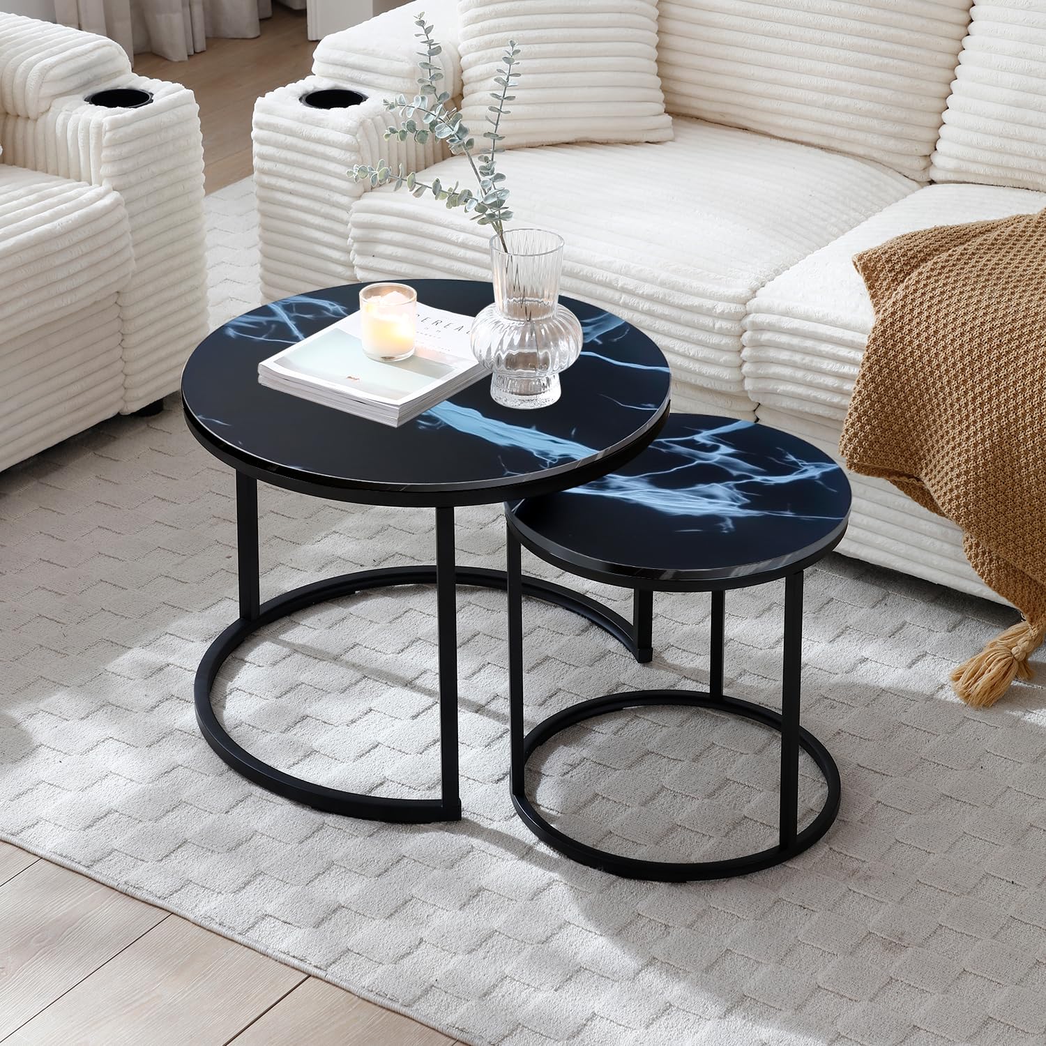 SOFTSEA Round Nesting Coffee Table of 2 Marble Coffee Table Wooden Accent Furniture with Metal Frame Stacking Side