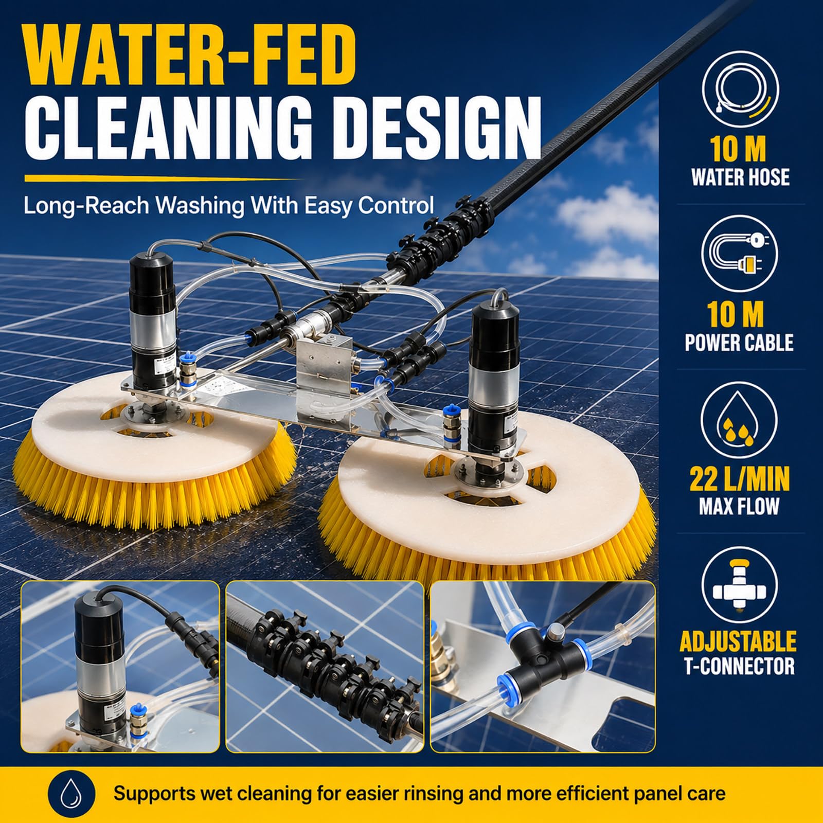 Limpiador Eléctrico para Paneles Solares – Agua, Cepillo 70 cm y Pértiga Telescópica 6m(19.7ft)