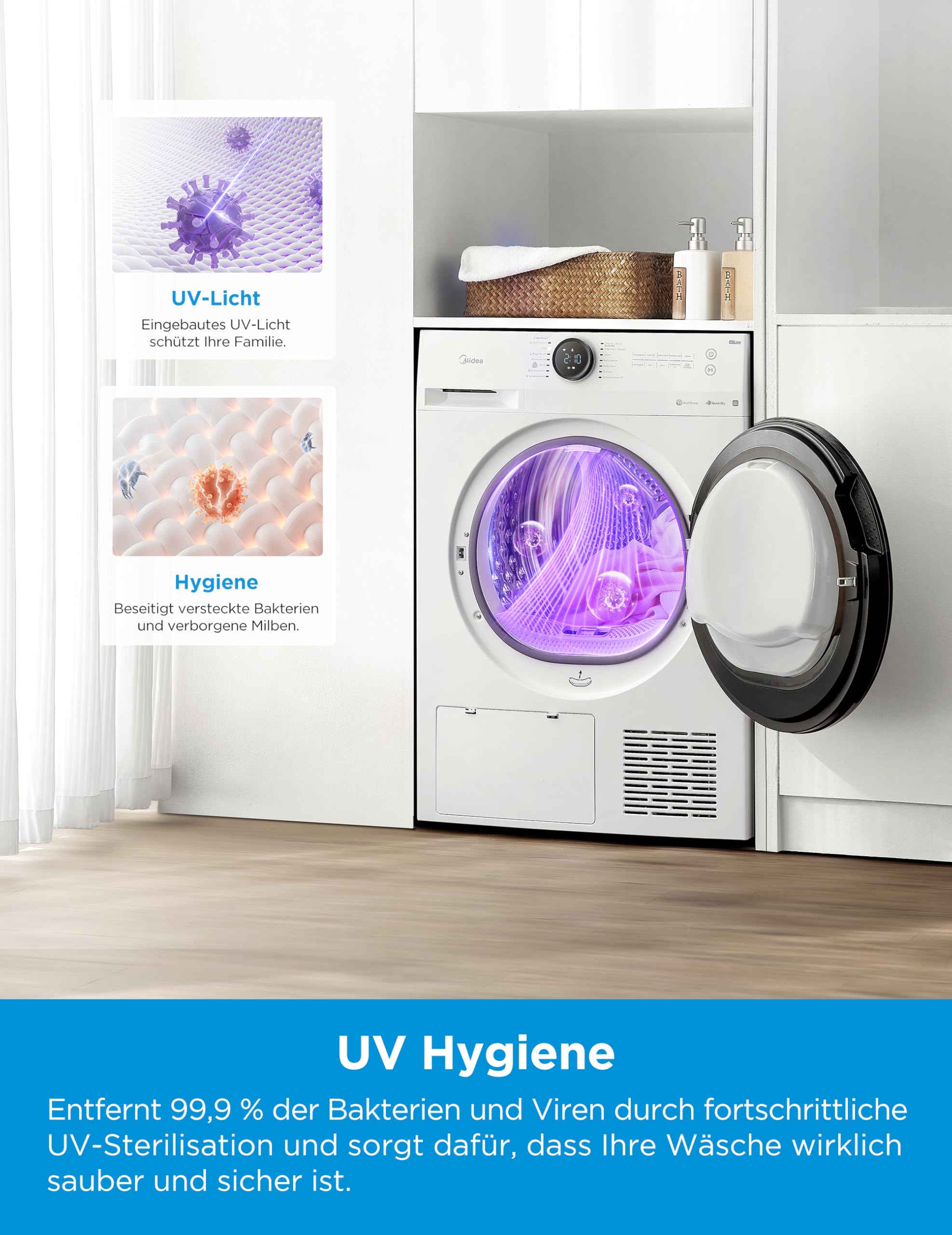 Midea MD20EH80WB-A3 Wärmepumpentrockner 8 kg Energieklasse C UV Hygience Knitterschutz Auto Dry Weiß