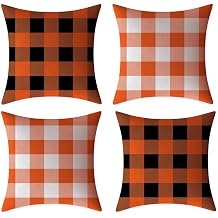 Orange White Buffalo Check Plaid Throw Pillow Covers Fall Halloween Farmhouse Retro Checkers Rustic Decorative Throw Pillow Case Outdoor Cushion Cover Pillowcase for Sofa 18 x 18 Inch Set of 4