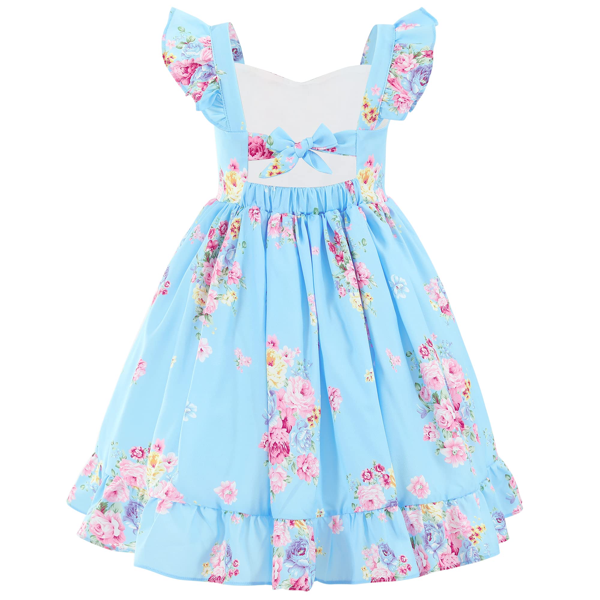 Flofallzique Summer Girls Floral Dress Ruffle Sleeve Tie Back Vintage Toddler Birthday Tea Party Dresses