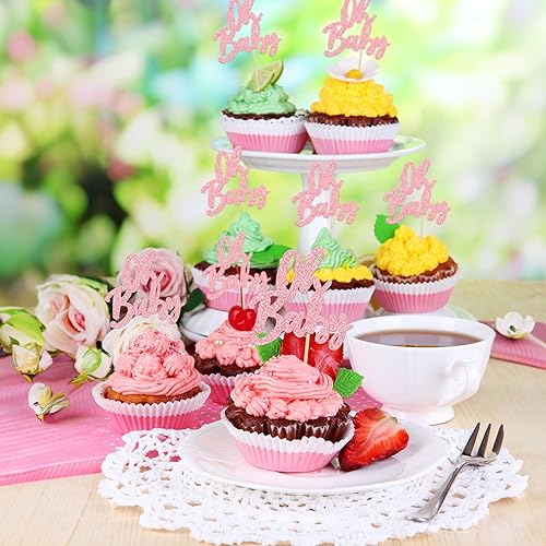 Miniatura 4 de 24 piezas Oh Baby Cupcake Toppers con purpurina para baby shower, para revelación de género, baby shower, niños y niñas, fiesta de cumpleaños,
