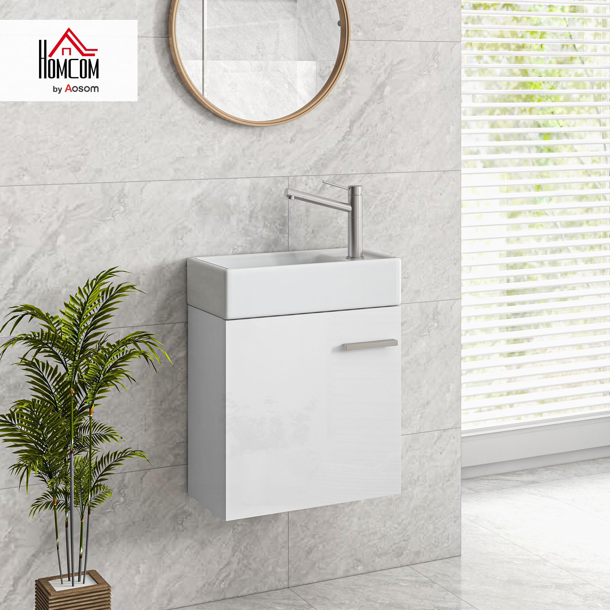 HOMCOM Mueble de Baño con Lavabo de Pared Mueble para Lavabo con Puerta con Cierre Suave Estilo Moderno 40x23x50 cm Blanco Brillo