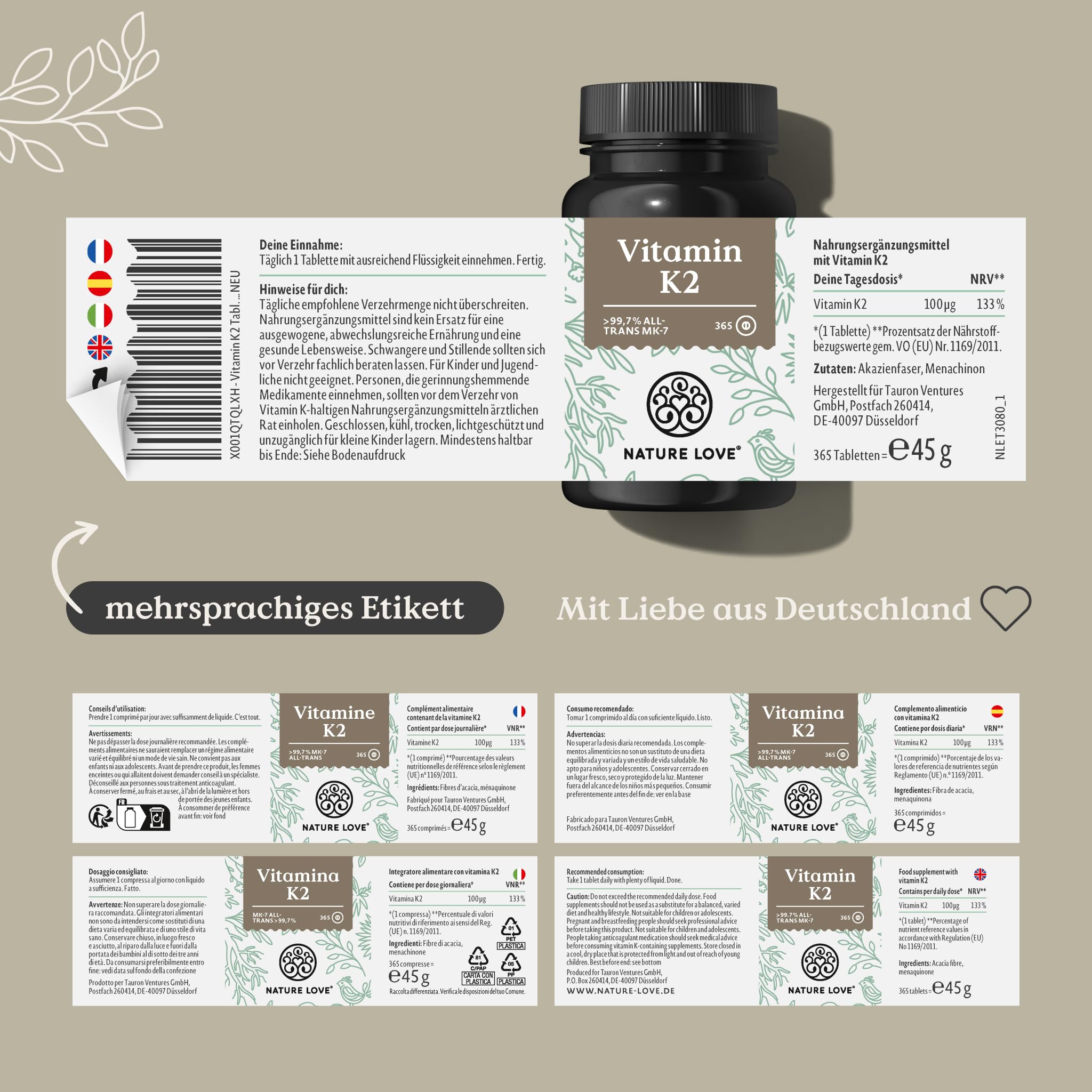NATURE LOVE® Vitamin K2 hochdosiert - Premiumrohstoff MK7-365 Tabletten - all-trans Gehalt >99,7% MK-7 Menaquinon - vegan, laborgeprüft und in Deutschland produziert