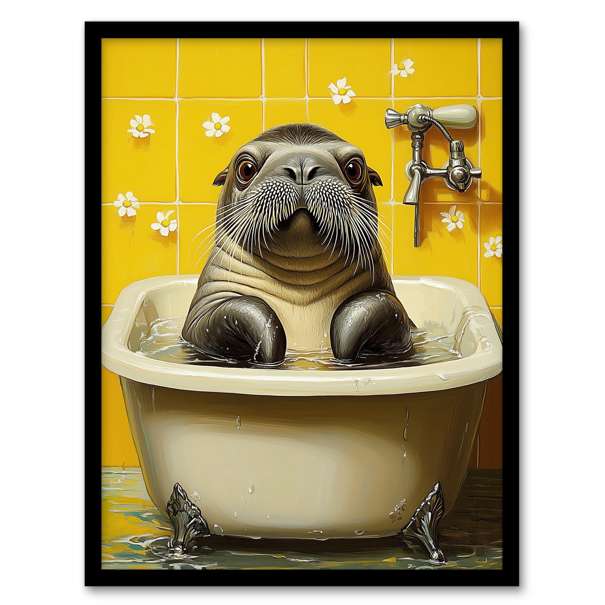 Artery8 Cute Walrus Yellow Bathroom Bathtub Bath Time Bathroom Toilet Artwork Framed Wall Art Print A4